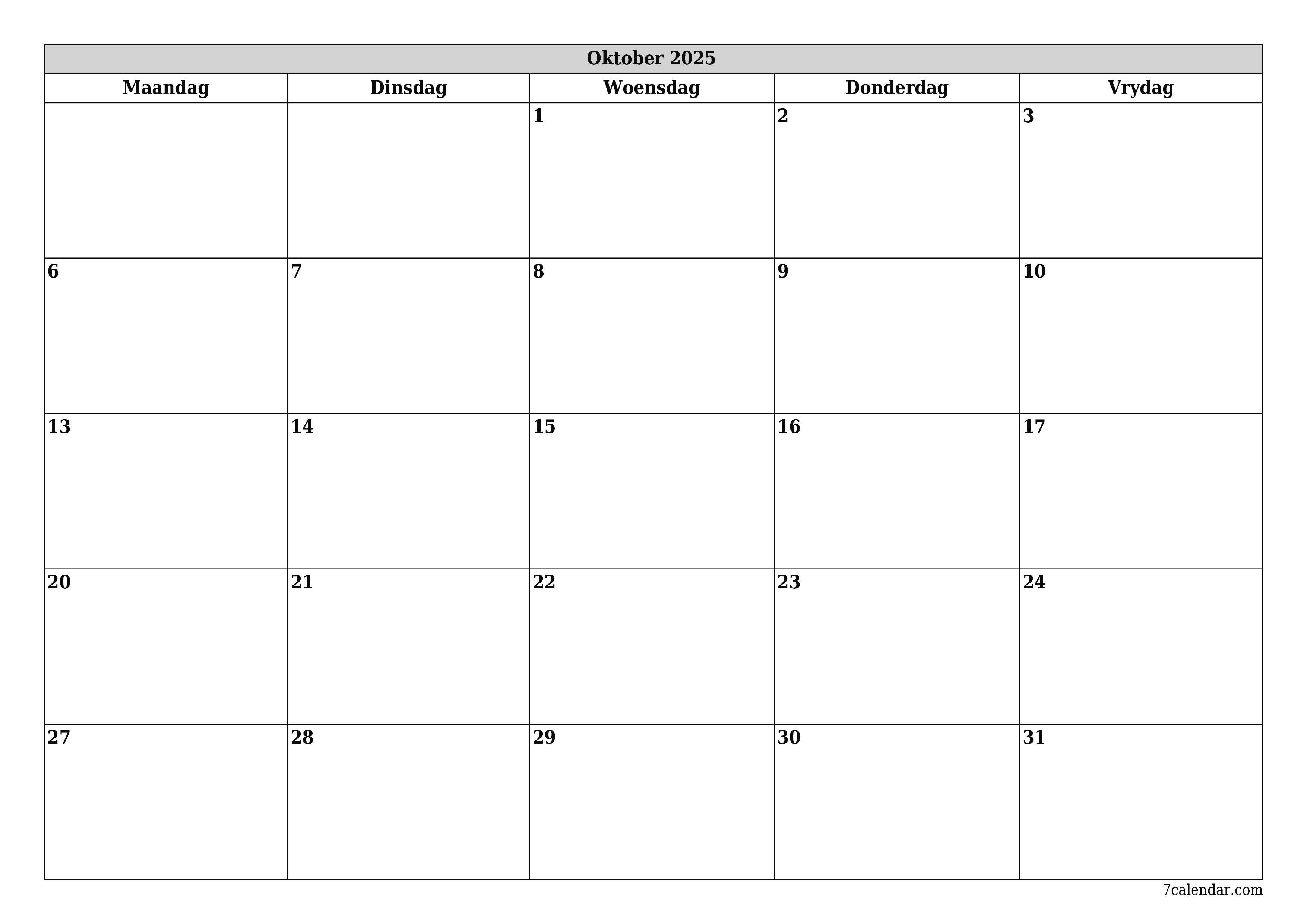Leë maandelikse drukbare kalender en beplanner vir maand Oktober 2025 met notas stoor en druk na PDF PNG Afrikaans