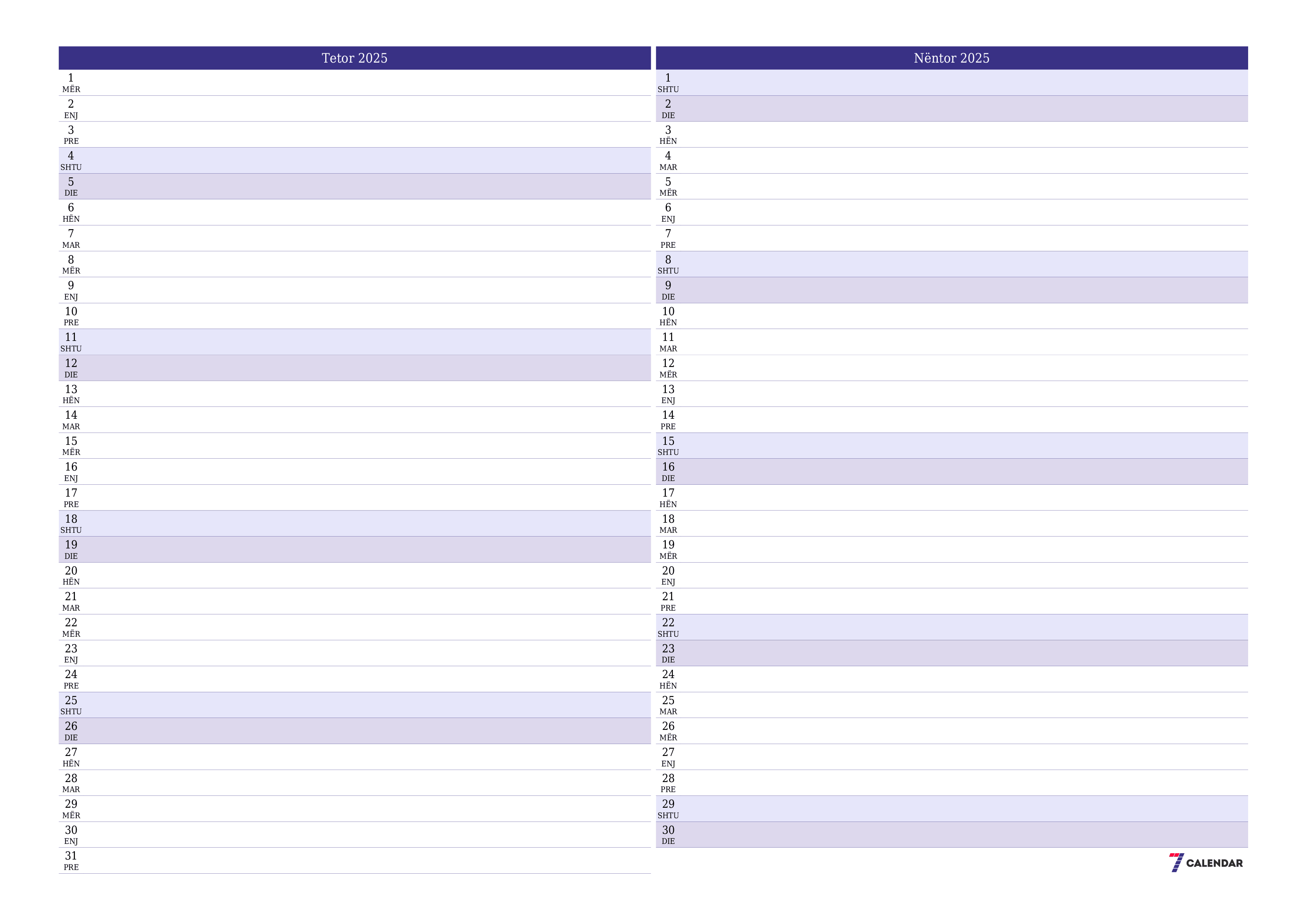 Planifikuesi i zbrazët i kalendarit mujor për muajin Tetor 2025 me shënime të ruajtura dhe të printuara në PDF PNG Albanian