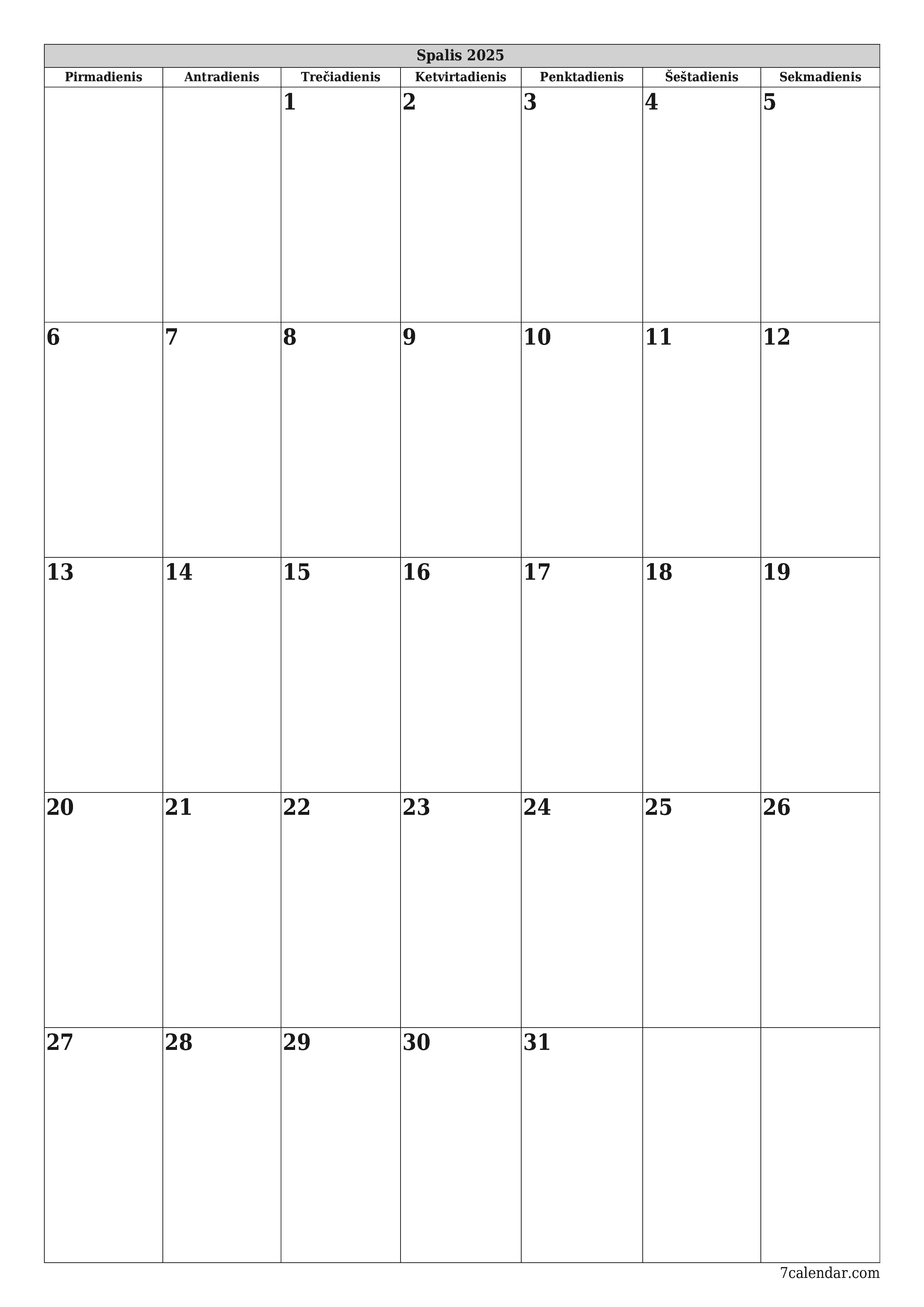 spausdinamas sieninis kalendoriaus šabloną nemokamas vertikaliai Kas mėnesį planuotojas kalendorius Spalis (Spa) 2025