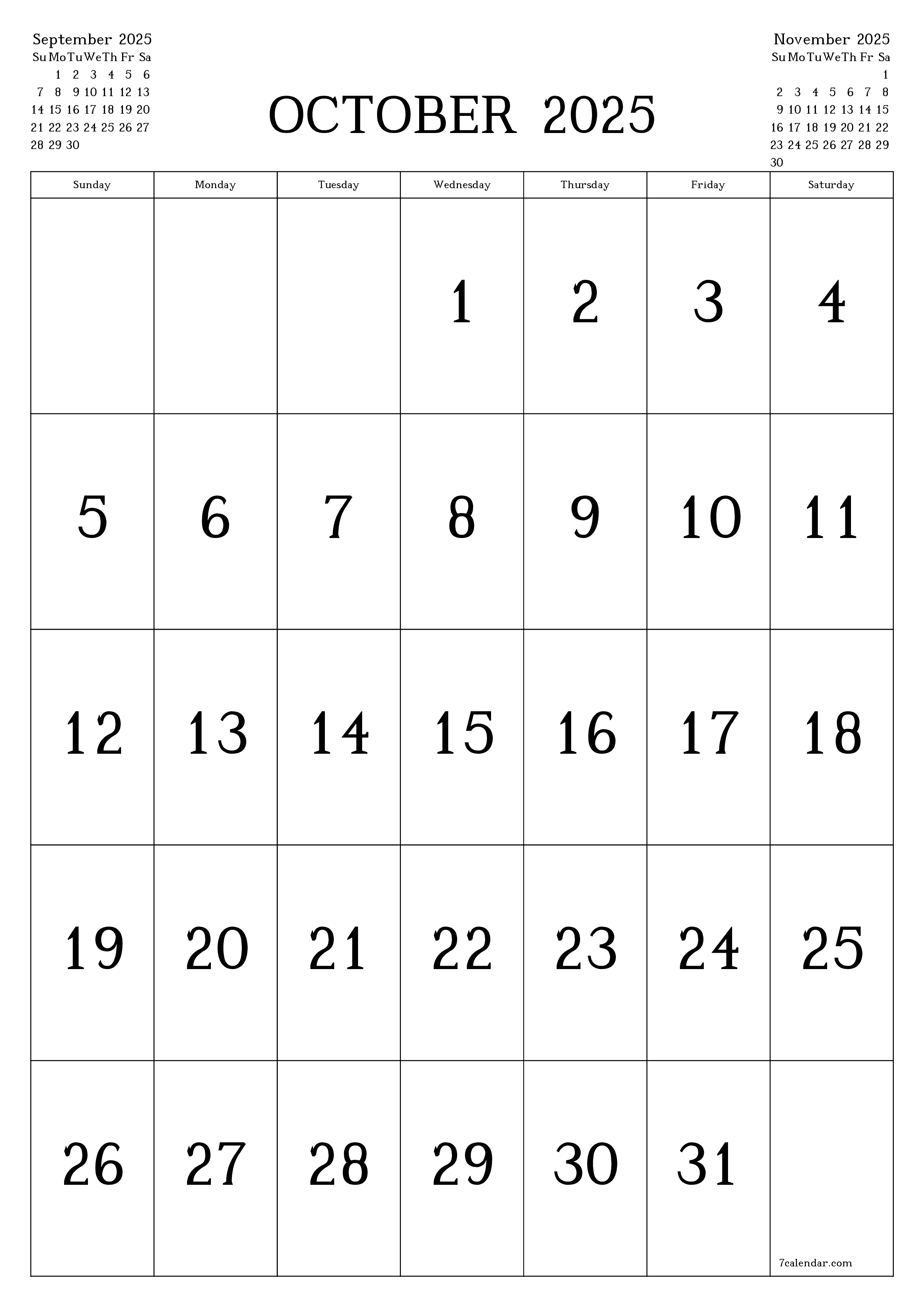 printable wall template free vertical Monthly calendar October (Oct) 2025