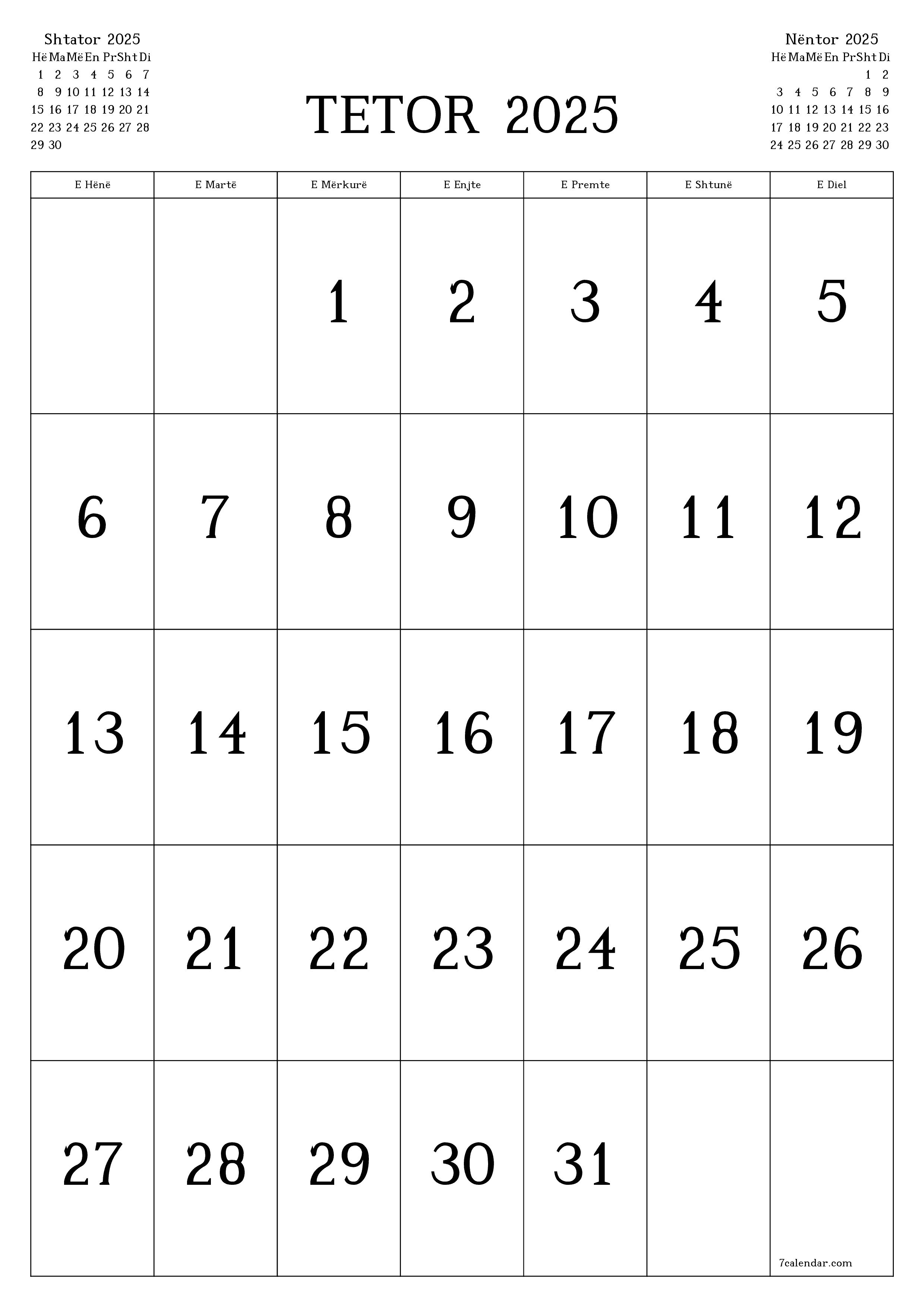 Planifikuesi i zbrazët i kalendarit mujor për muajin Tetor 2025 me shënime të ruajtura dhe të printuara në PDF PNG Albanian