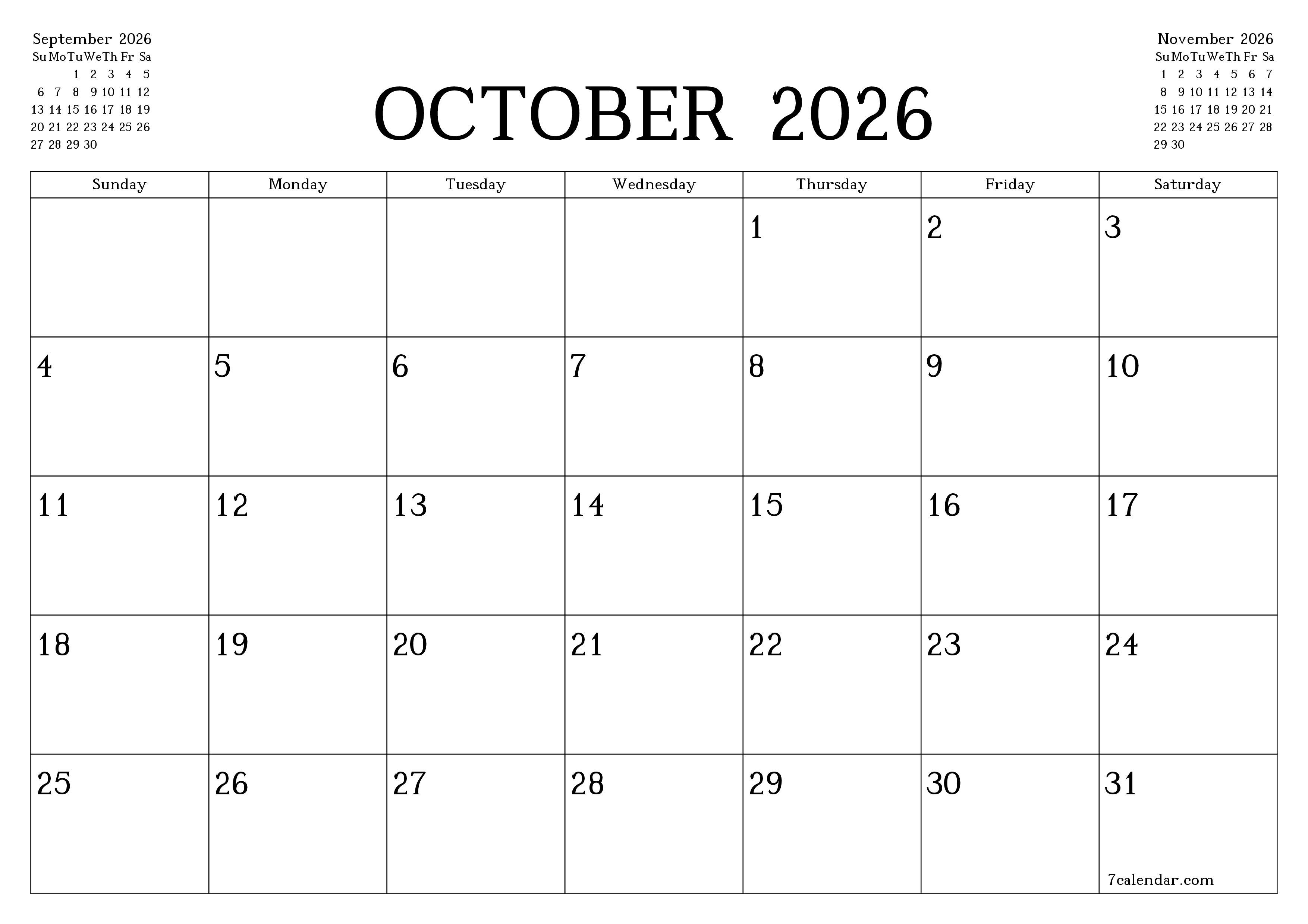 printable wall template free horizontal Monthly planner calendar October (Oct) 2026