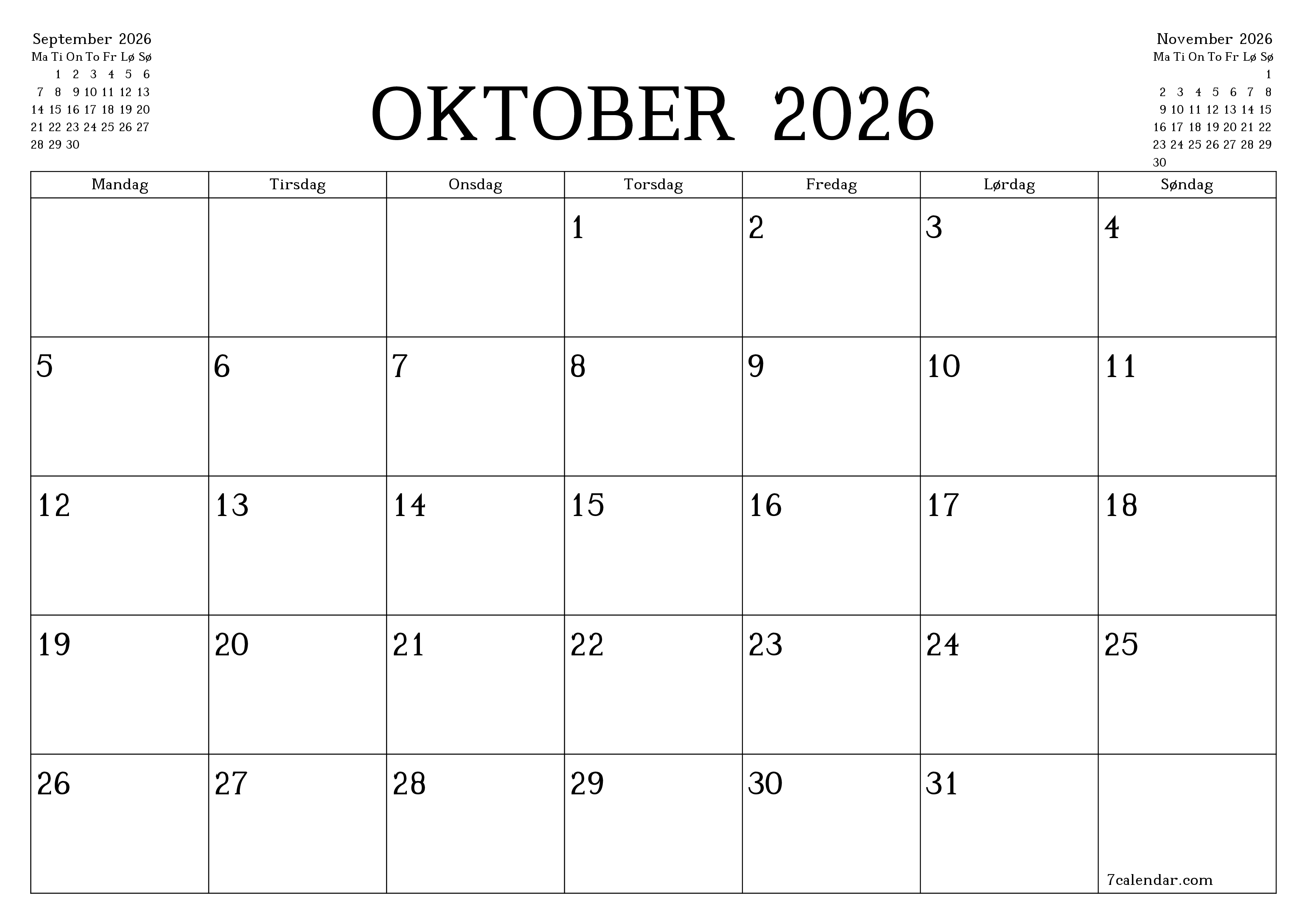 Tom månedlig planlægning for måned Oktober 2026 med noter, gem og udskriv til PDF PNG Danish