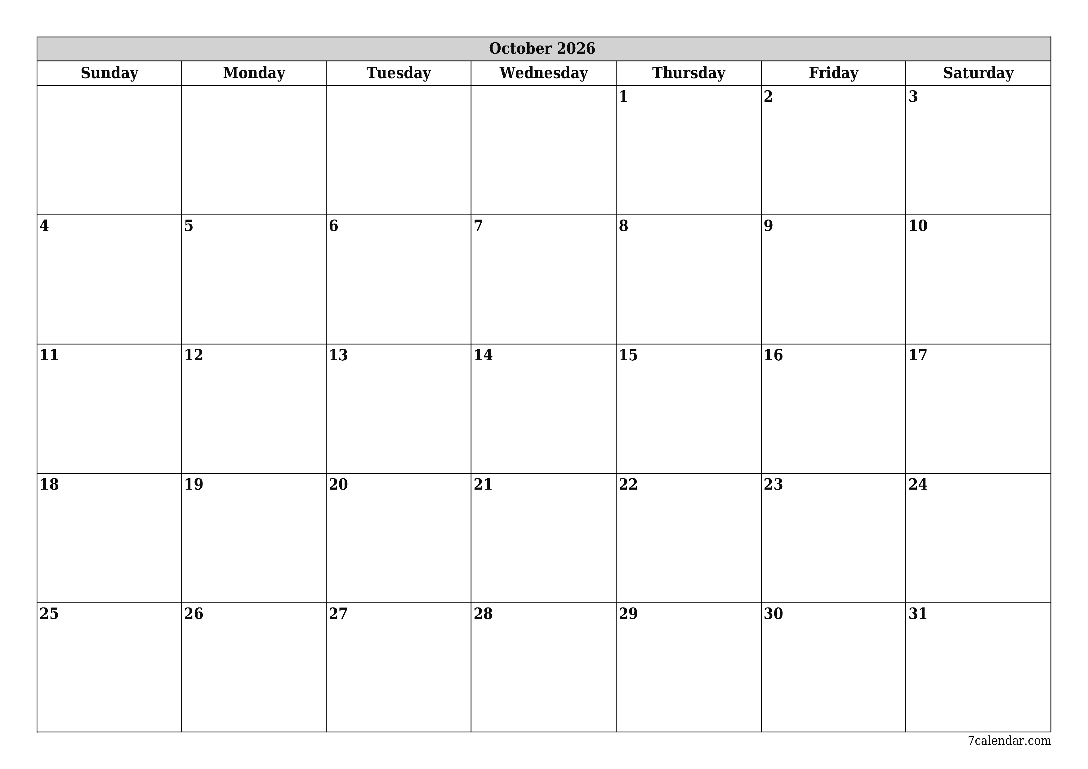 Blank monthly printable calendar and planner for month October 2026 with notes save and print to PDF PNG English