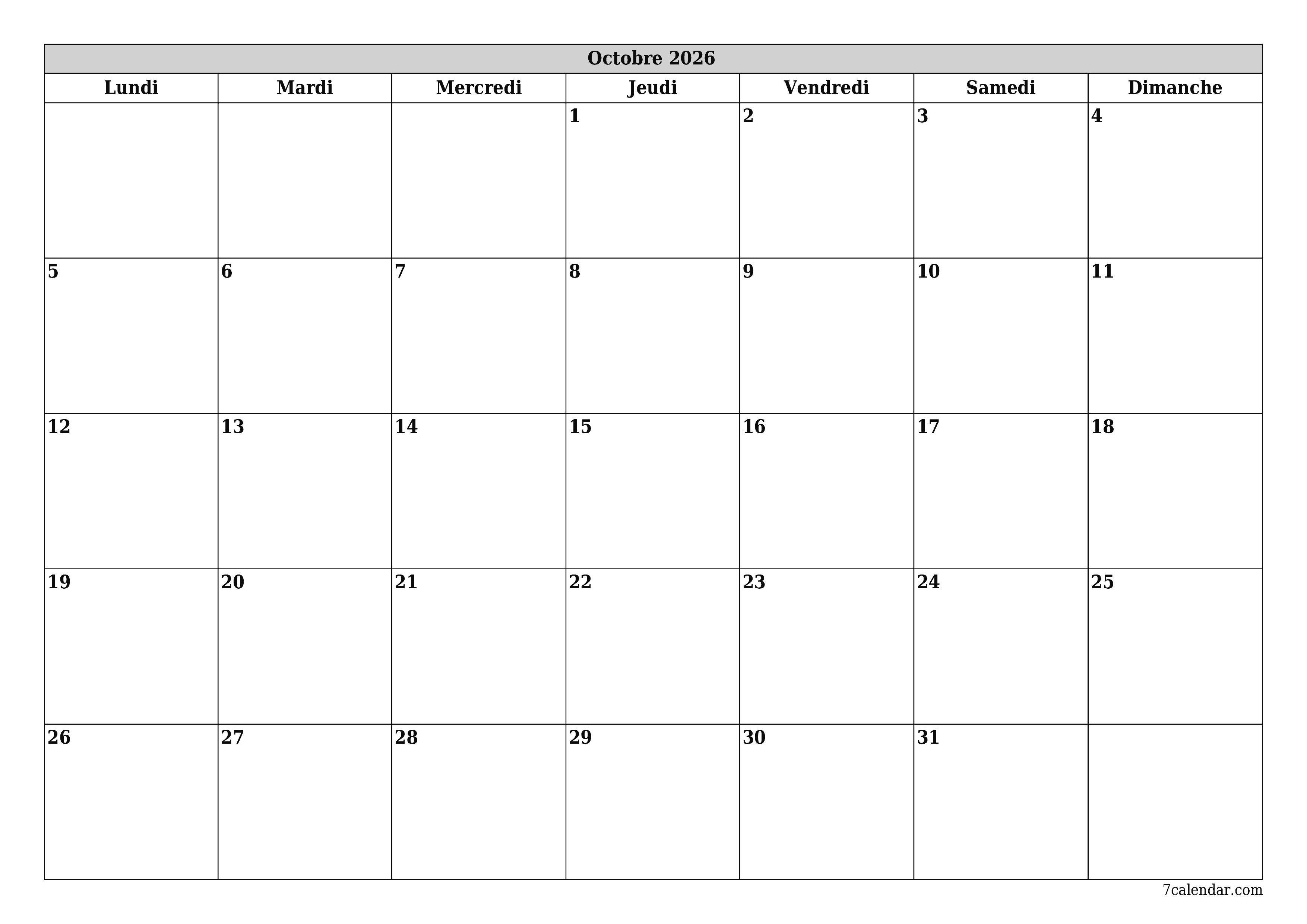 Agenda mensuel vide pour le mois Octobre 2026 avec notes, enregistrez et imprimez au format PDF PNG French