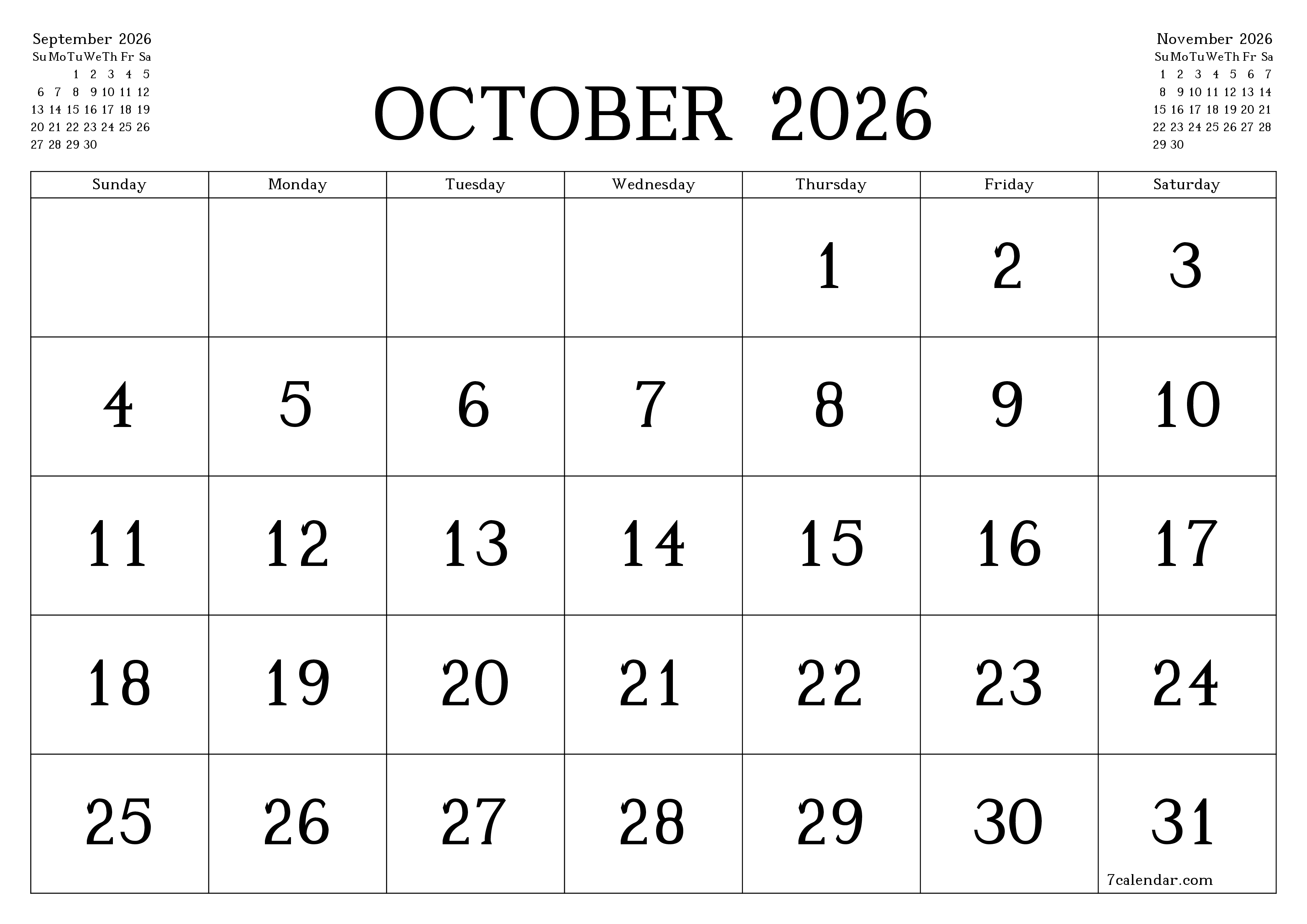 printable wall template free horizontal Monthly calendar October (Oct) 2026
