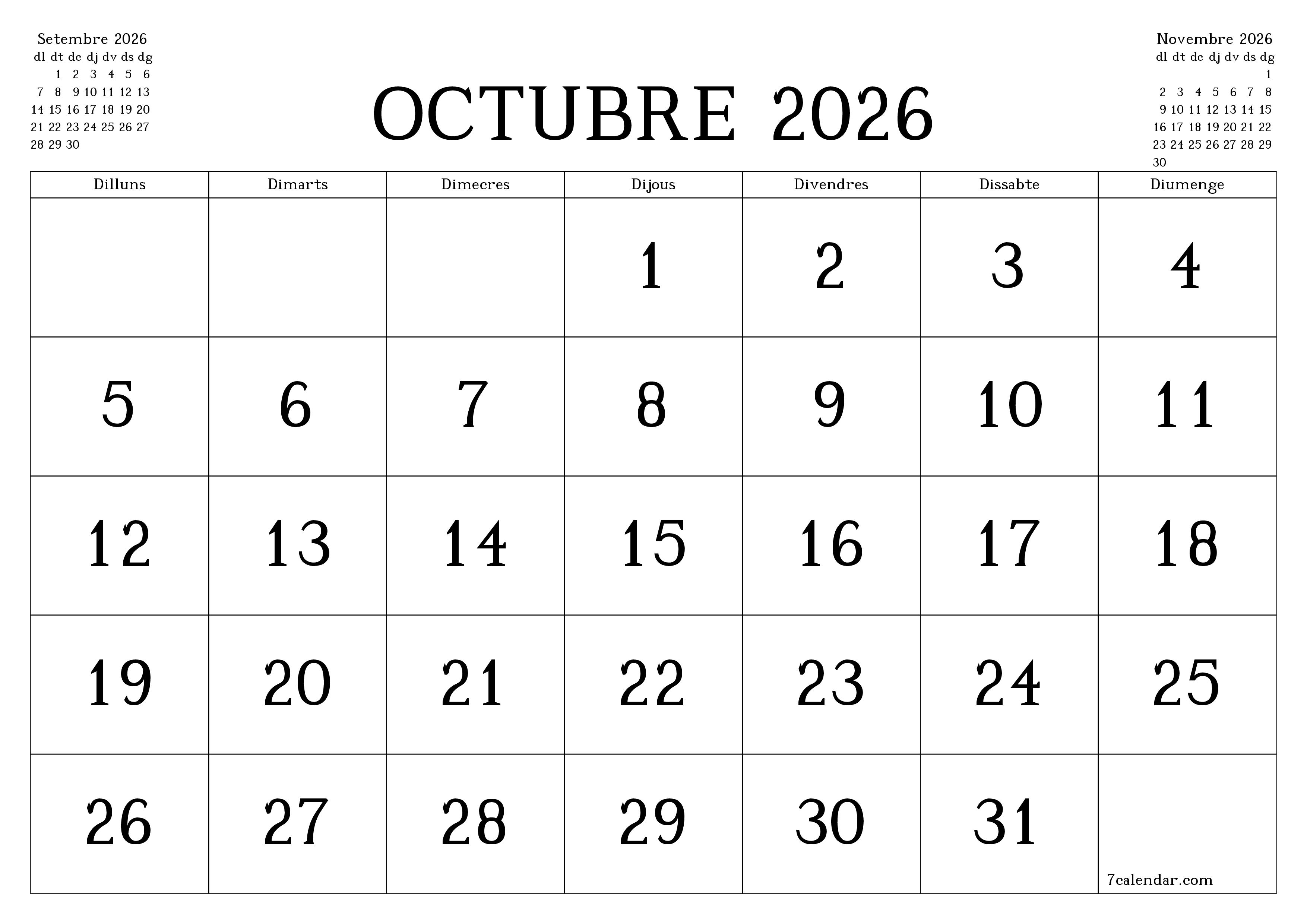 Planificador mensual buit del mes Octubre 2026 amb notes, deseu-lo i imprimiu-lo en format PDF PNG Catalan
