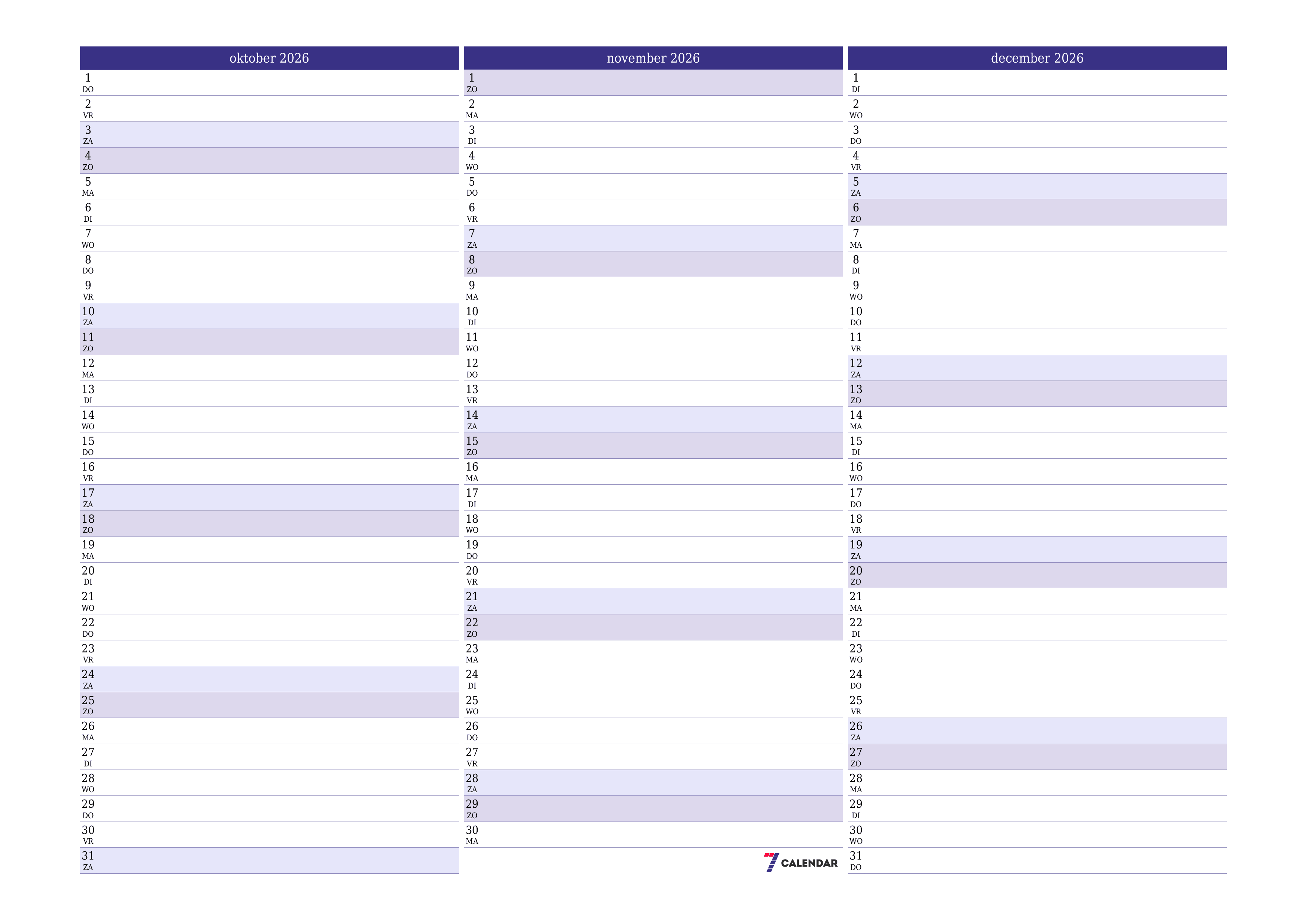 Lege maandplanner voor maand oktober 2026 met notities, opslaan en afdrukken naar pdf PNG Dutch
