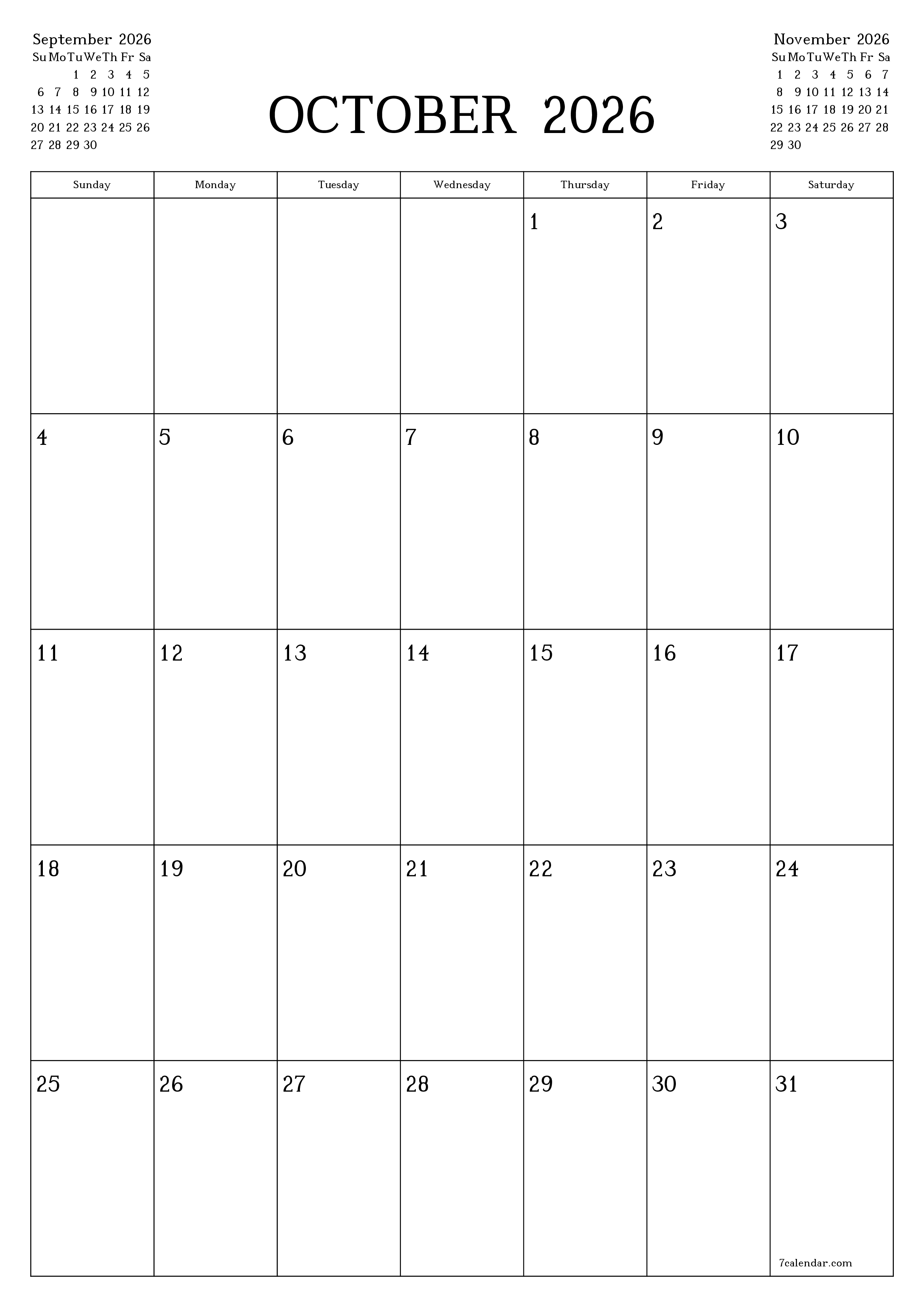 printable wall template free vertical Monthly planner calendar October (Oct) 2026