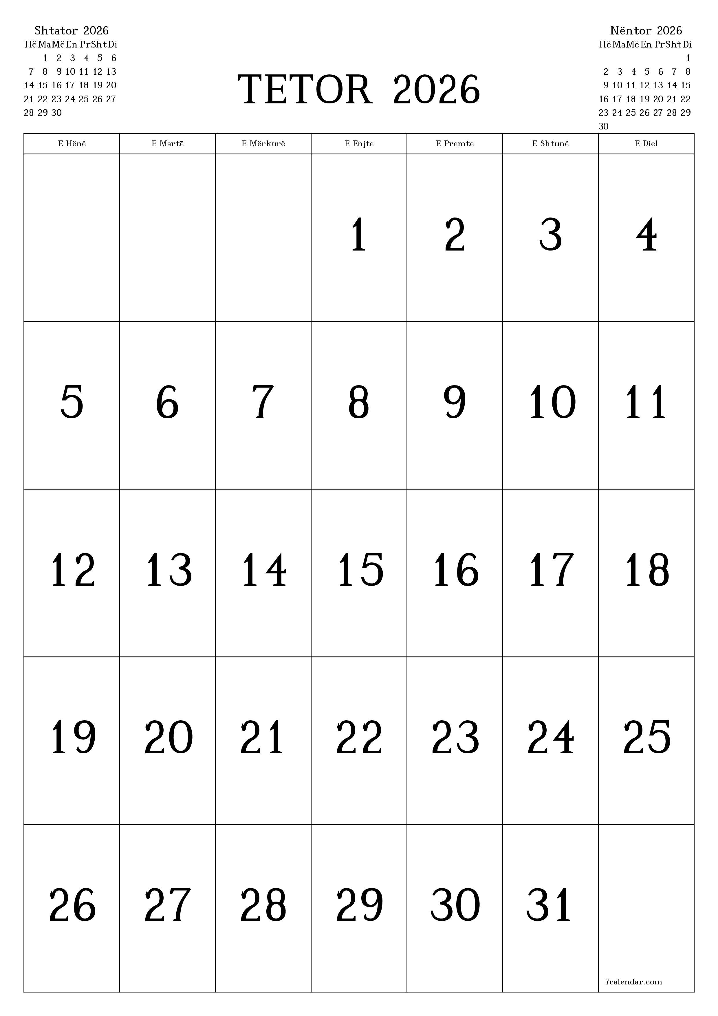 Planifikuesi i zbrazët i kalendarit mujor për muajin Tetor 2026 me shënime të ruajtura dhe të printuara në PDF PNG Albanian