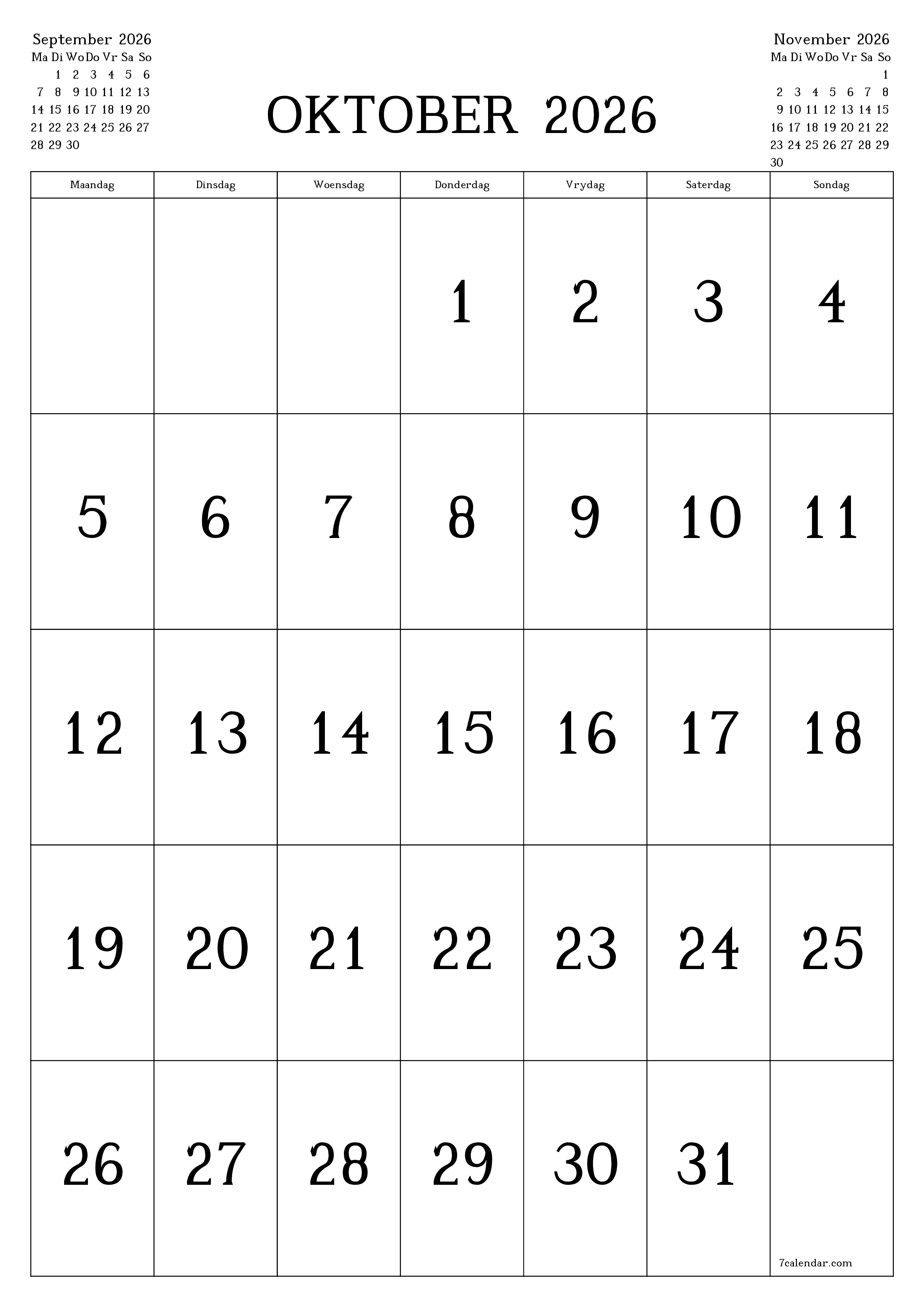 Leë maandelikse drukbare kalender en beplanner vir maand Oktober 2026 met notas stoor en druk na PDF PNG Afrikaans