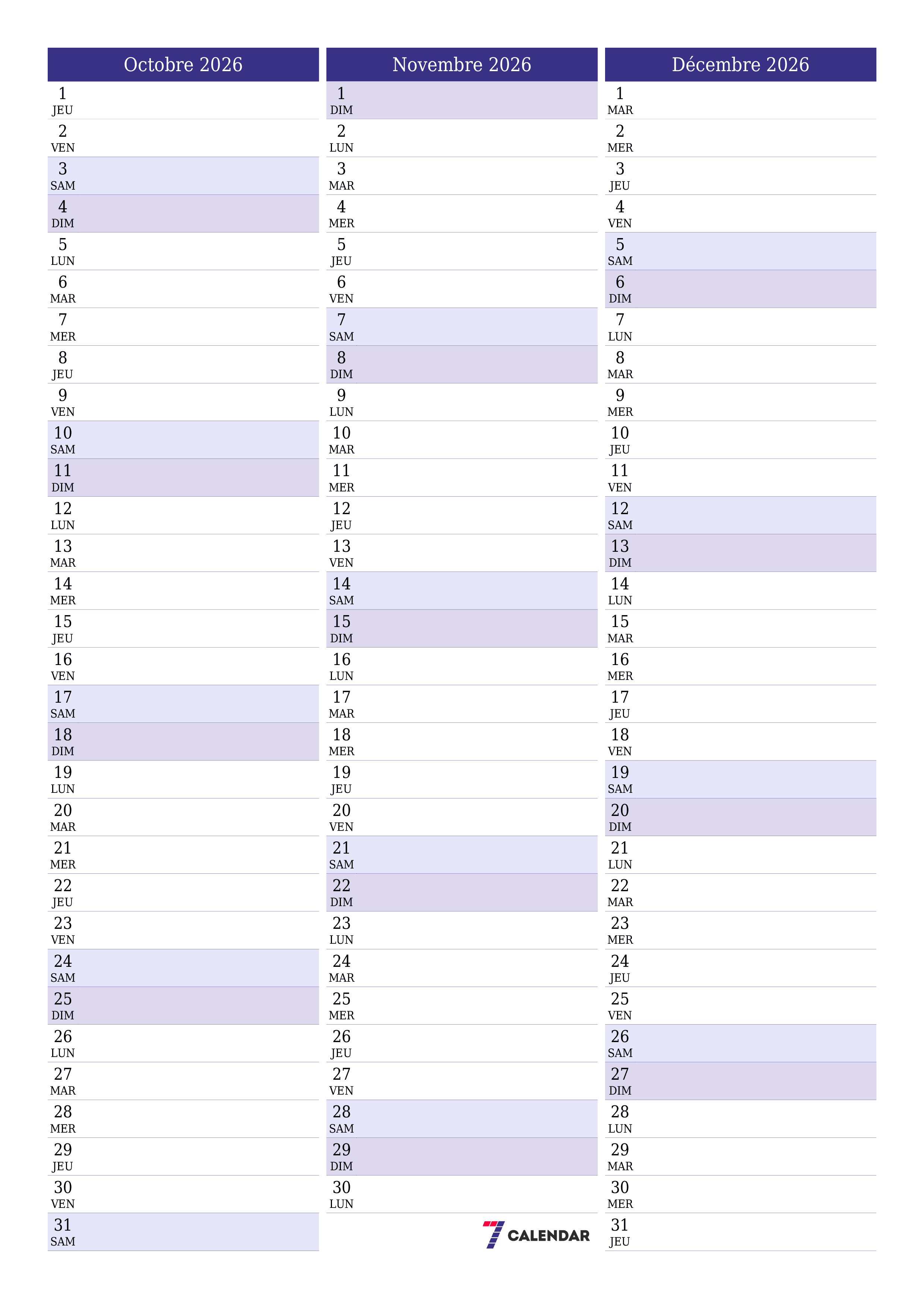 Agenda mensuel vide pour le mois Octobre 2026 avec notes, enregistrez et imprimez au format PDF PNG French