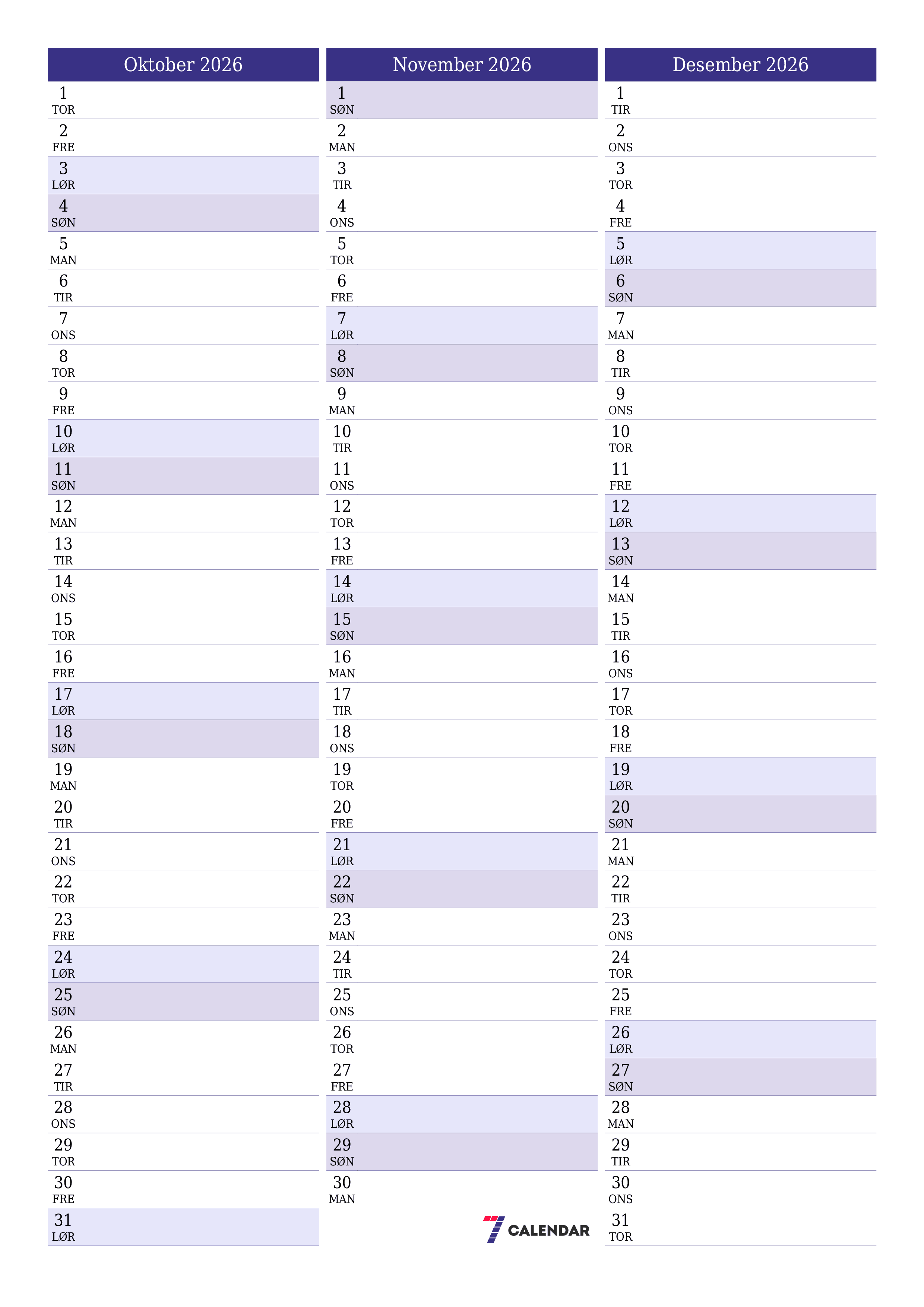 Tom månedlig planlegger for måned Oktober 2026 med notater, lagre og skriv ut til PDF PNG Norwegian