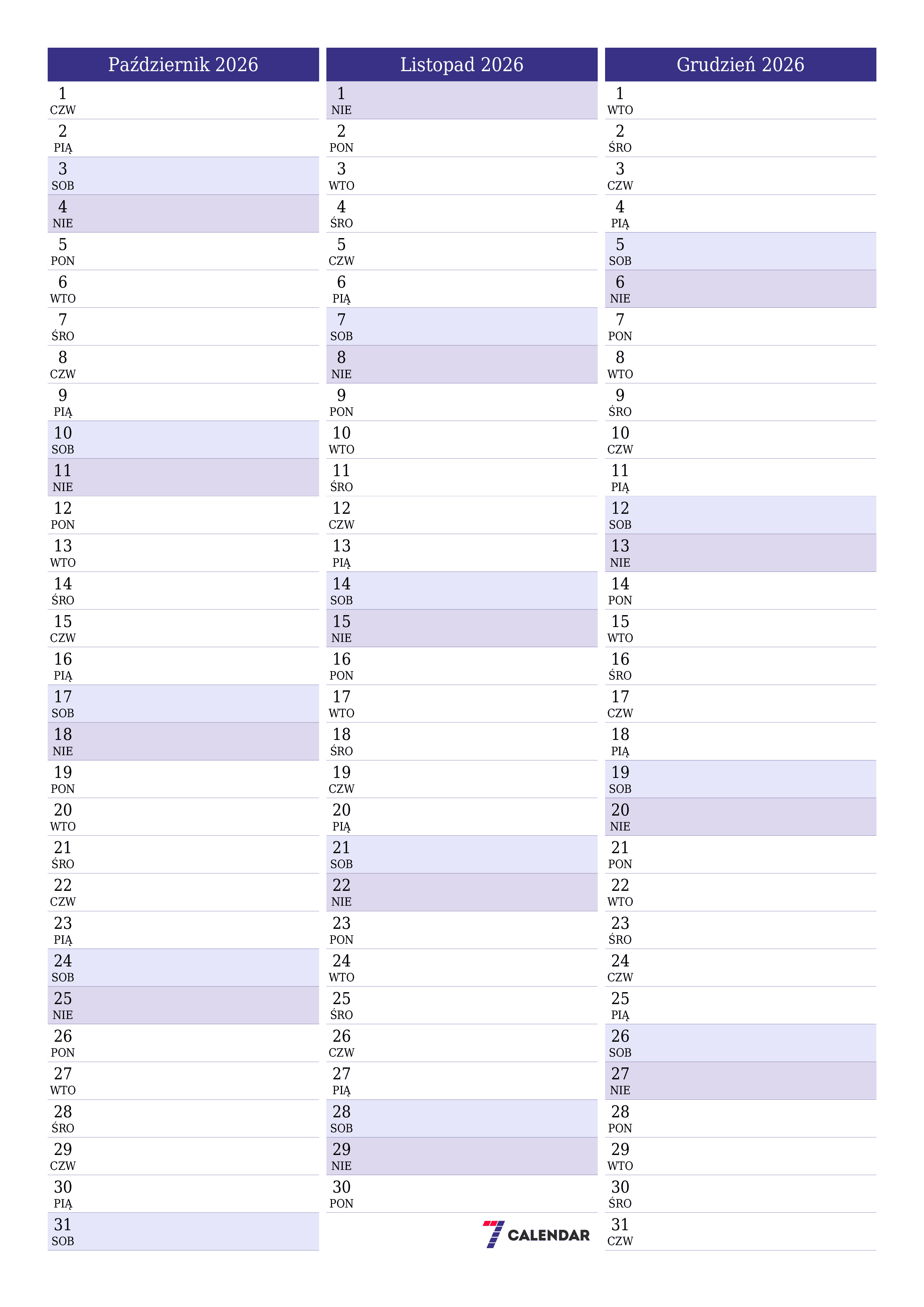 Opróżnij miesięczny planer na miesiąc Październik 2026 z notatkami, zapisz i wydrukuj w formacie PDF PNG Polish