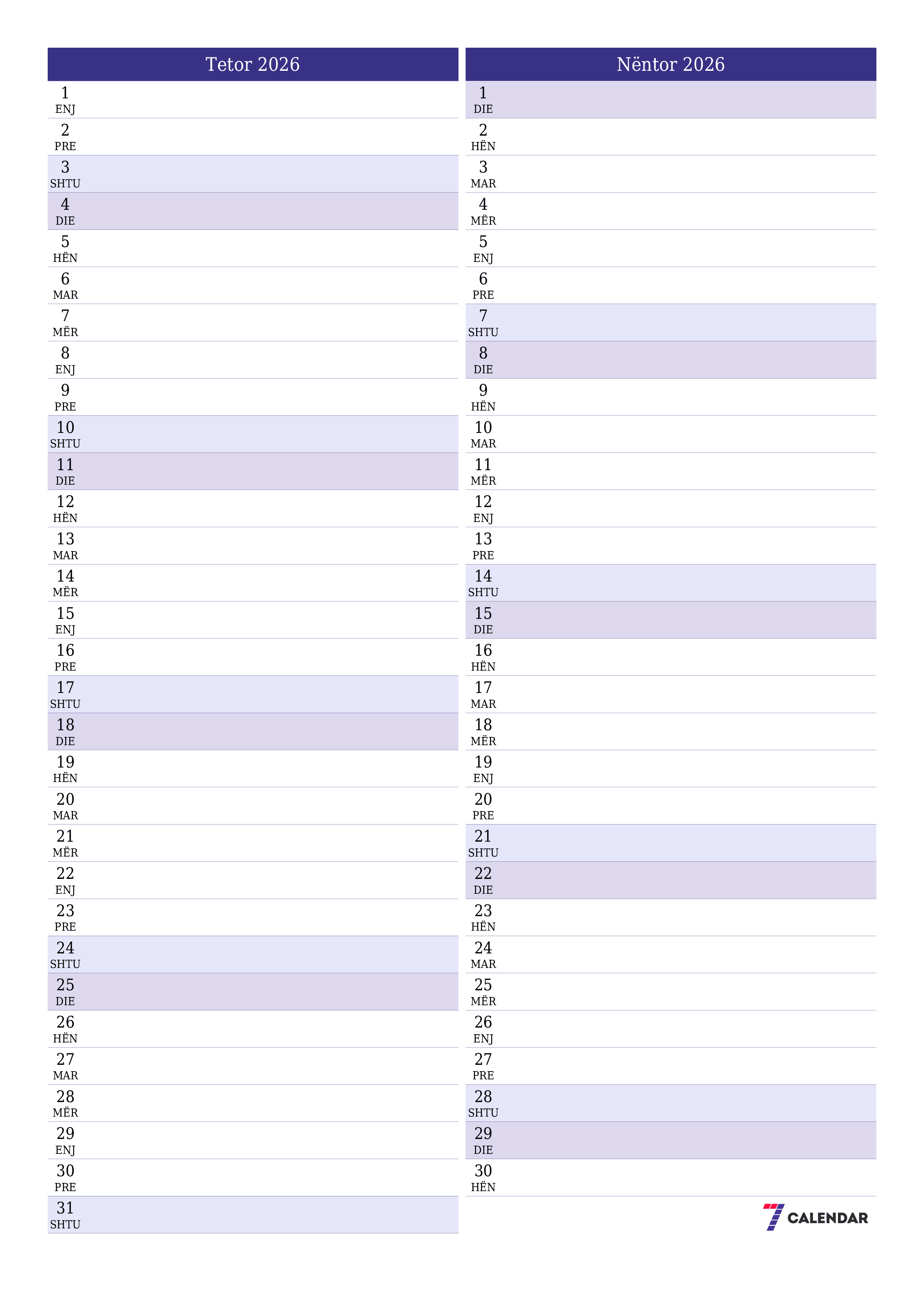 Planifikuesi i zbrazët i kalendarit mujor për muajin Tetor 2026 me shënime të ruajtura dhe të printuara në PDF PNG Albanian