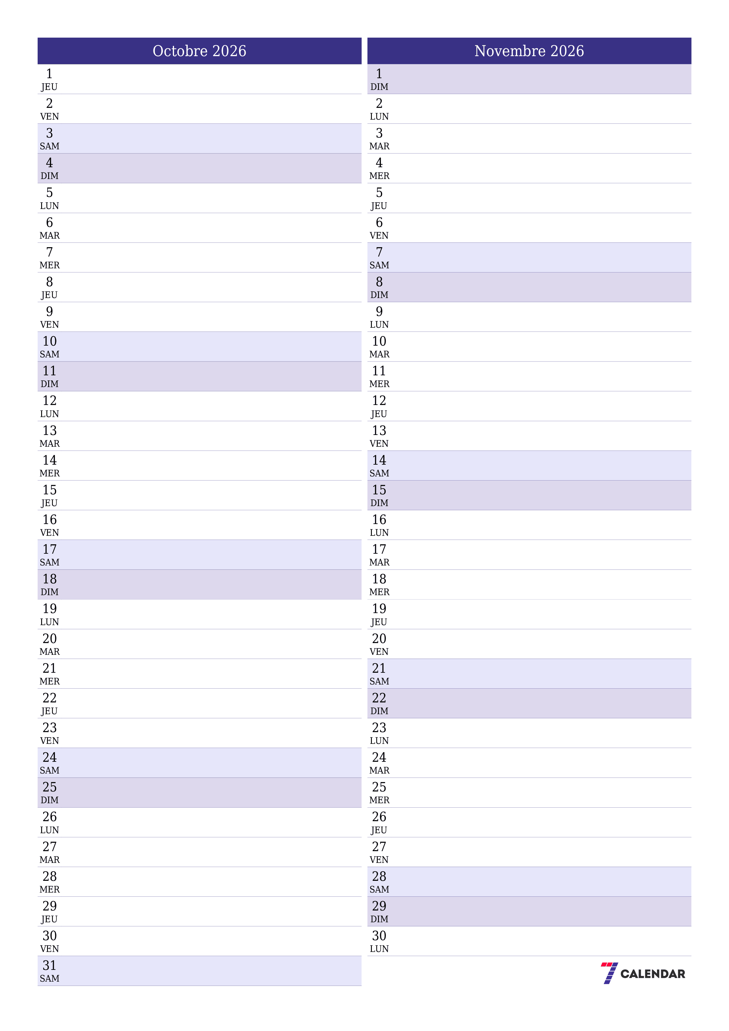 Agenda mensuel vide pour le mois Octobre 2026 avec notes, enregistrez et imprimez au format PDF PNG French