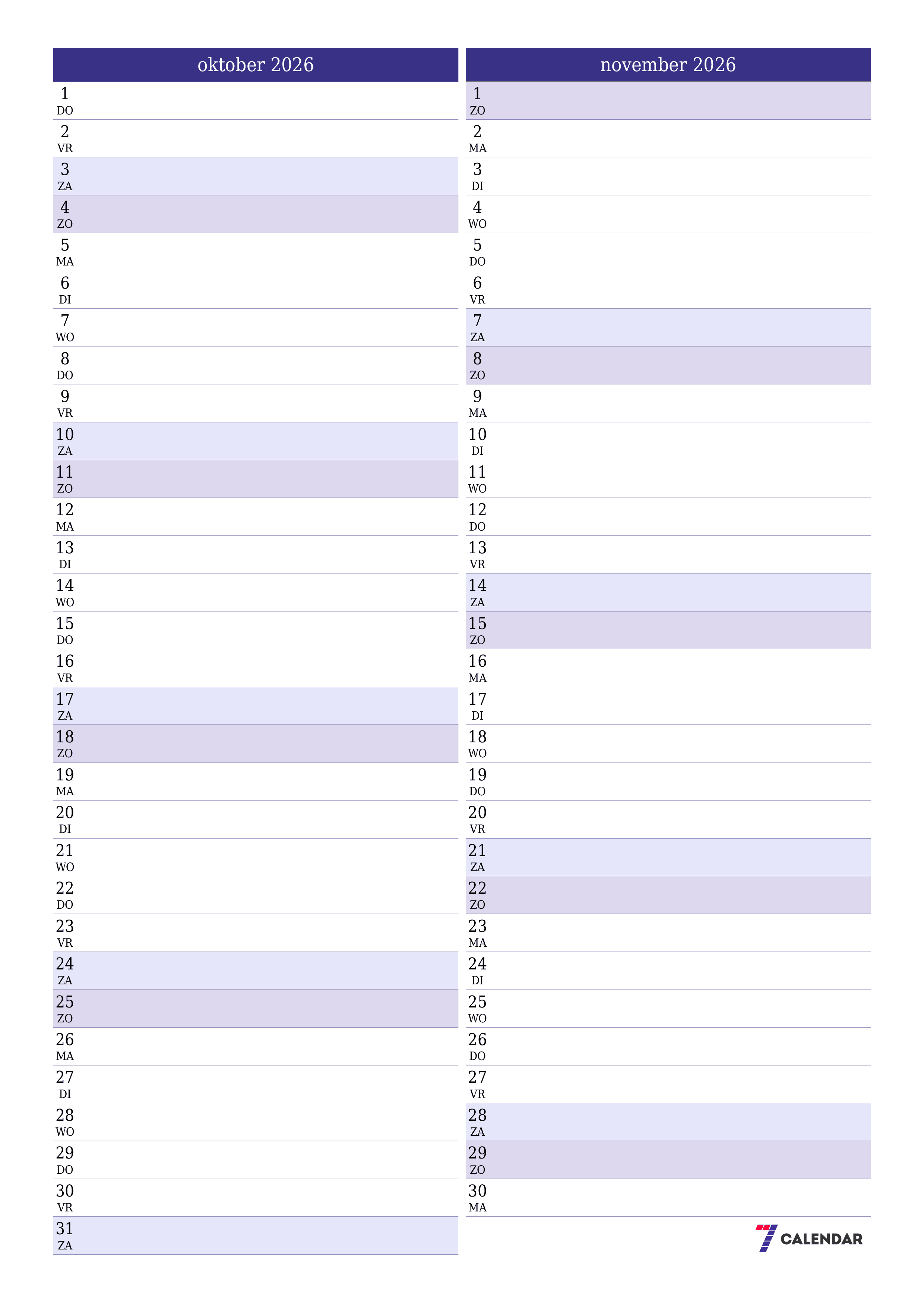 Lege maandplanner voor maand oktober 2026 met notities, opslaan en afdrukken naar pdf PNG Dutch