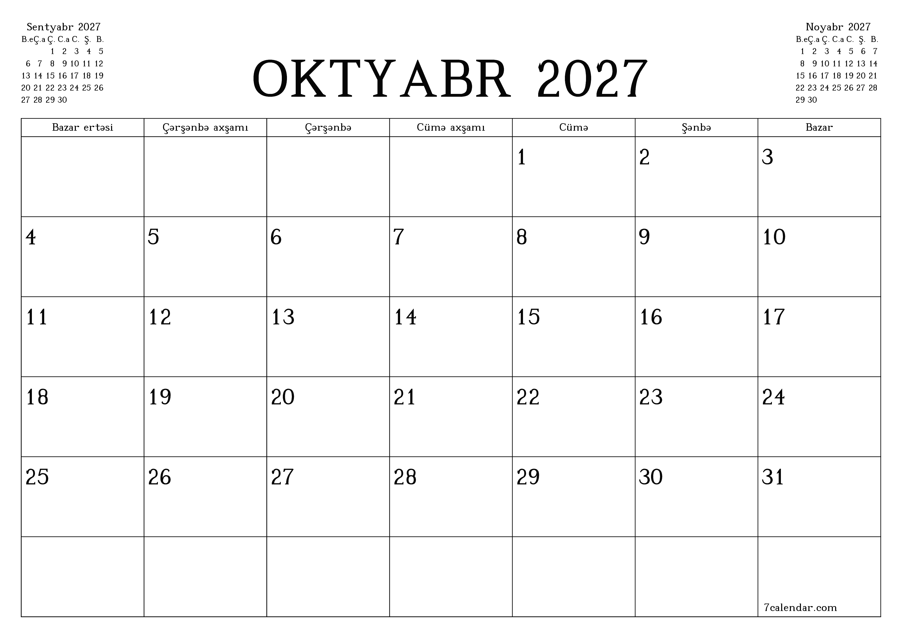 Oktyabr 2027 ayı üçün qeydlər ilə boş aylıq planlayıcı, qeyd edin və PDF-ə yazdırın PNG Azerbaijani