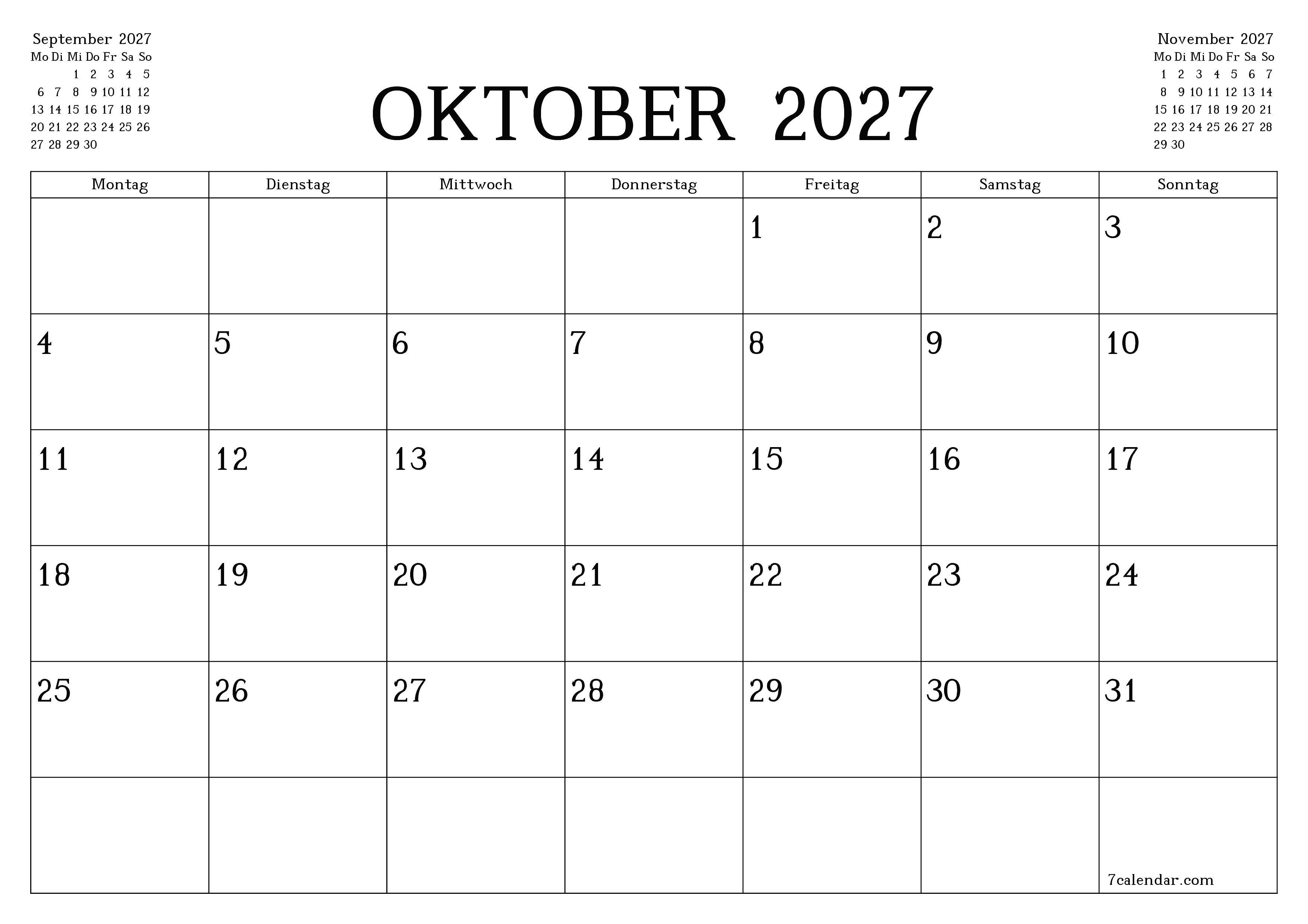 Monatsplaner für Monat Oktober 2027 mit Notizen leeren, speichern und als PDF PNG German - 7calendar.com drucken