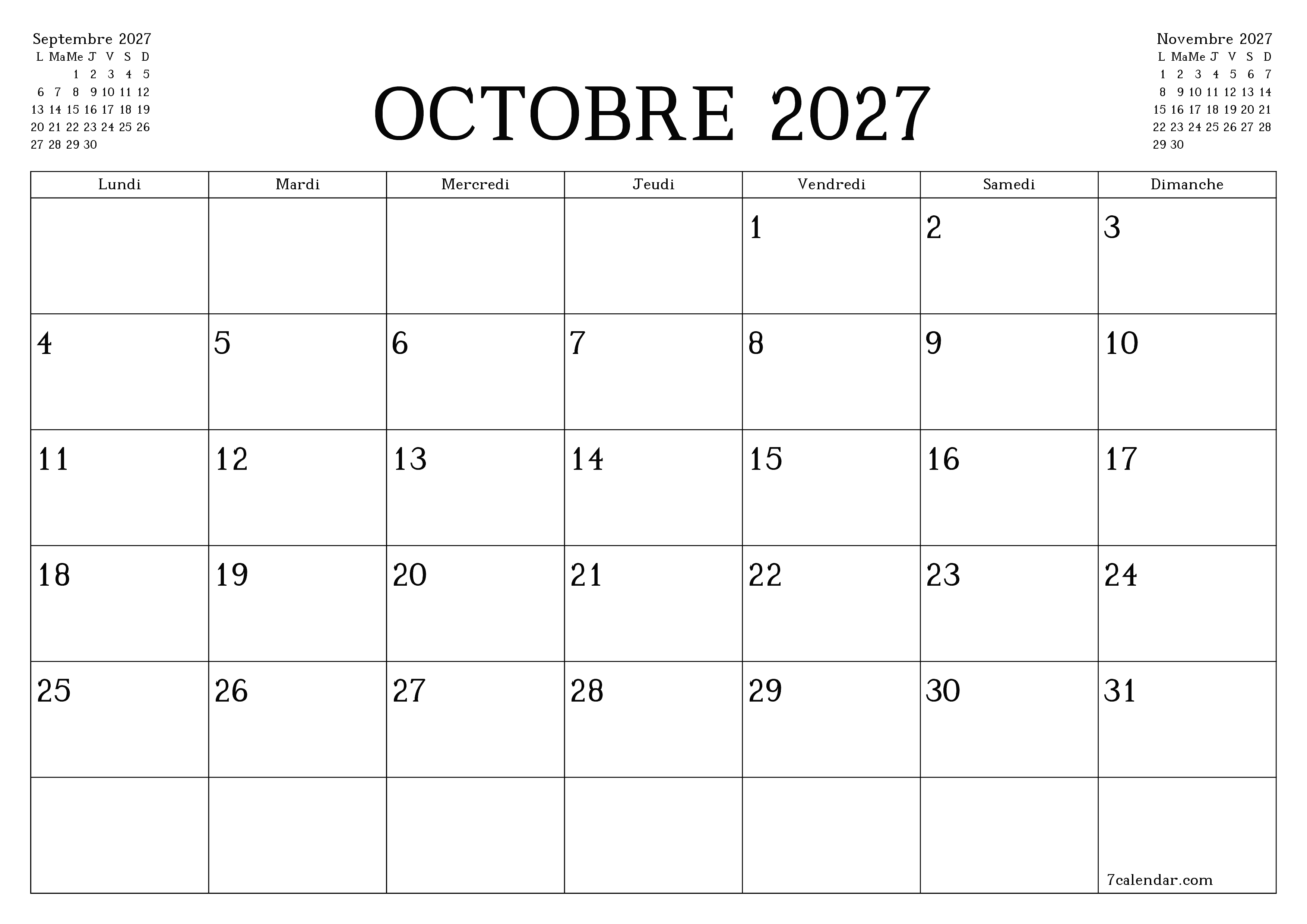 Agenda mensuel vide pour le mois Octobre 2027 avec notes, enregistrez et imprimez au format PDF PNG French