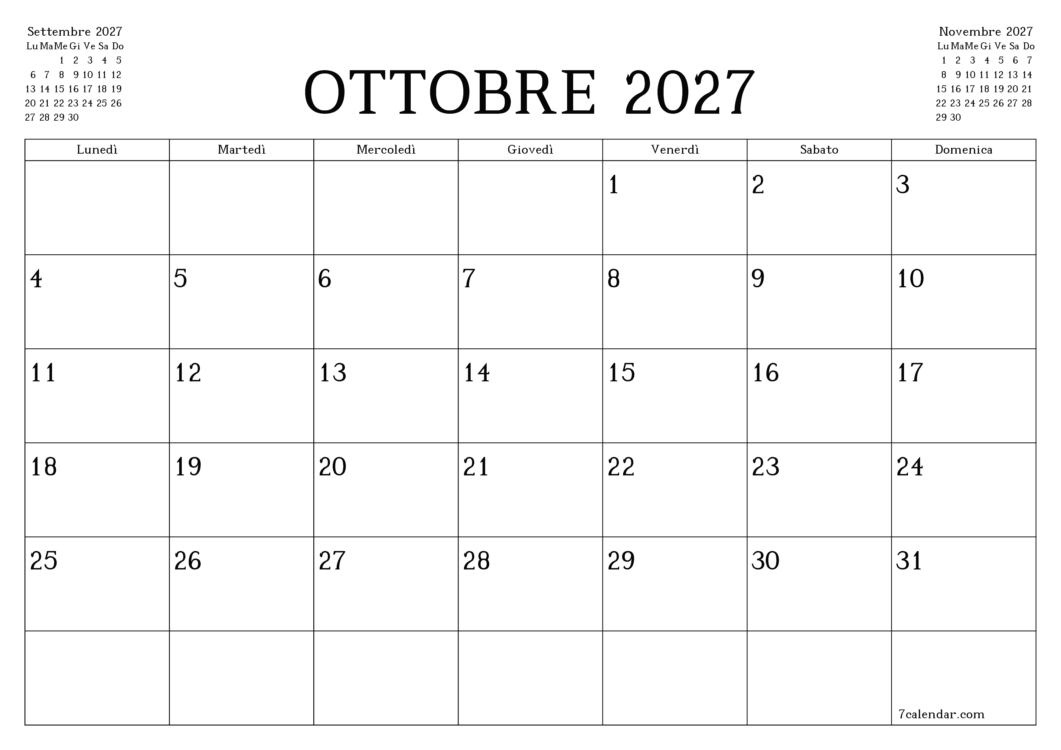 Pianificatore mensile vuoto per il mese Ottobre 2027 con note, salva e stampa in PDF PNG Italian