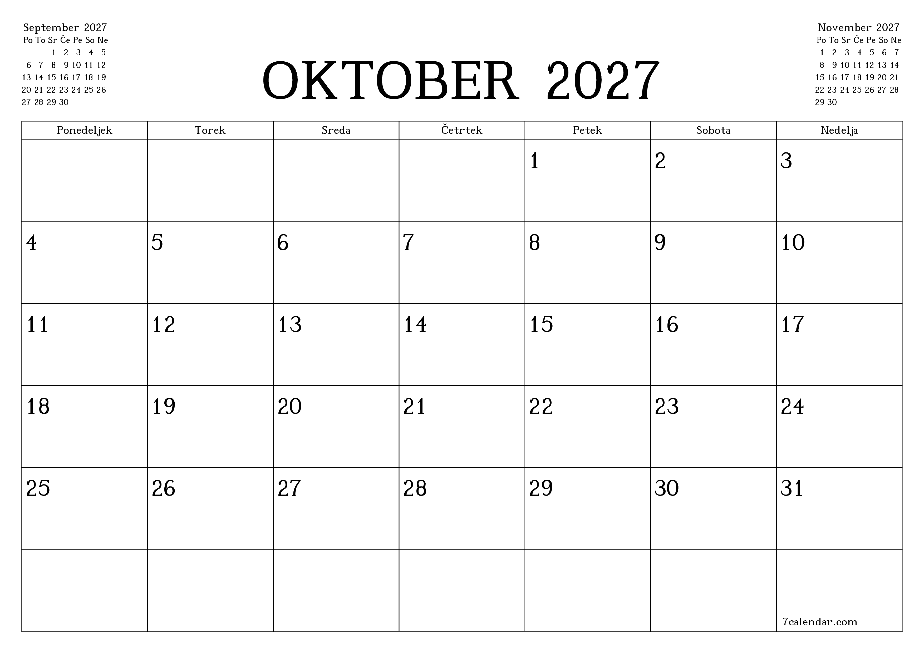 Prazen mesečni načrtovalec koledarja za mesec Oktober 2027 z opombami, natisnjenimi v PDF PNG Slovenian