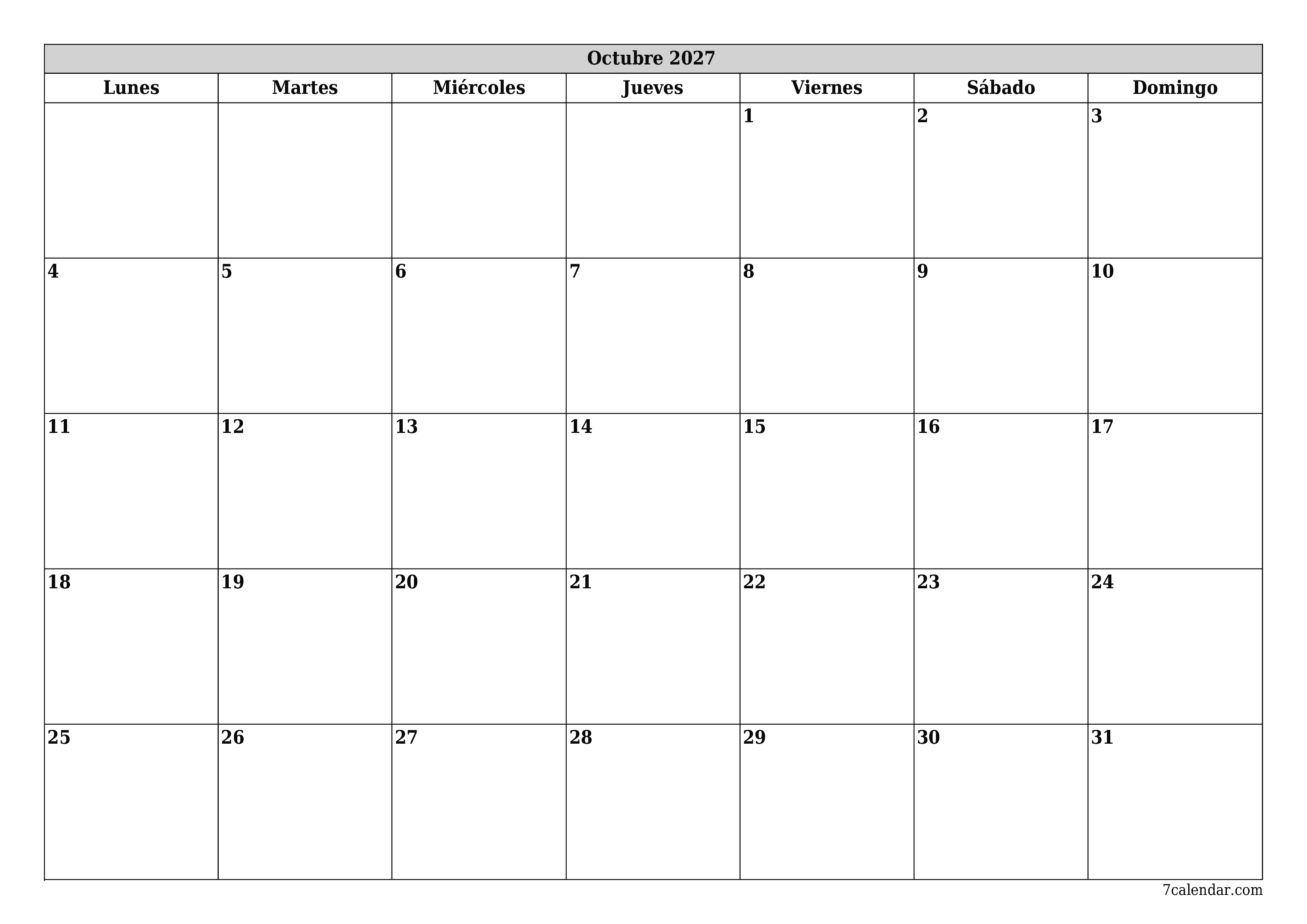 Planificador mensual vacío para el mes Octubre 2027 con notas, guardar e imprimir en PDF PNG Spanish