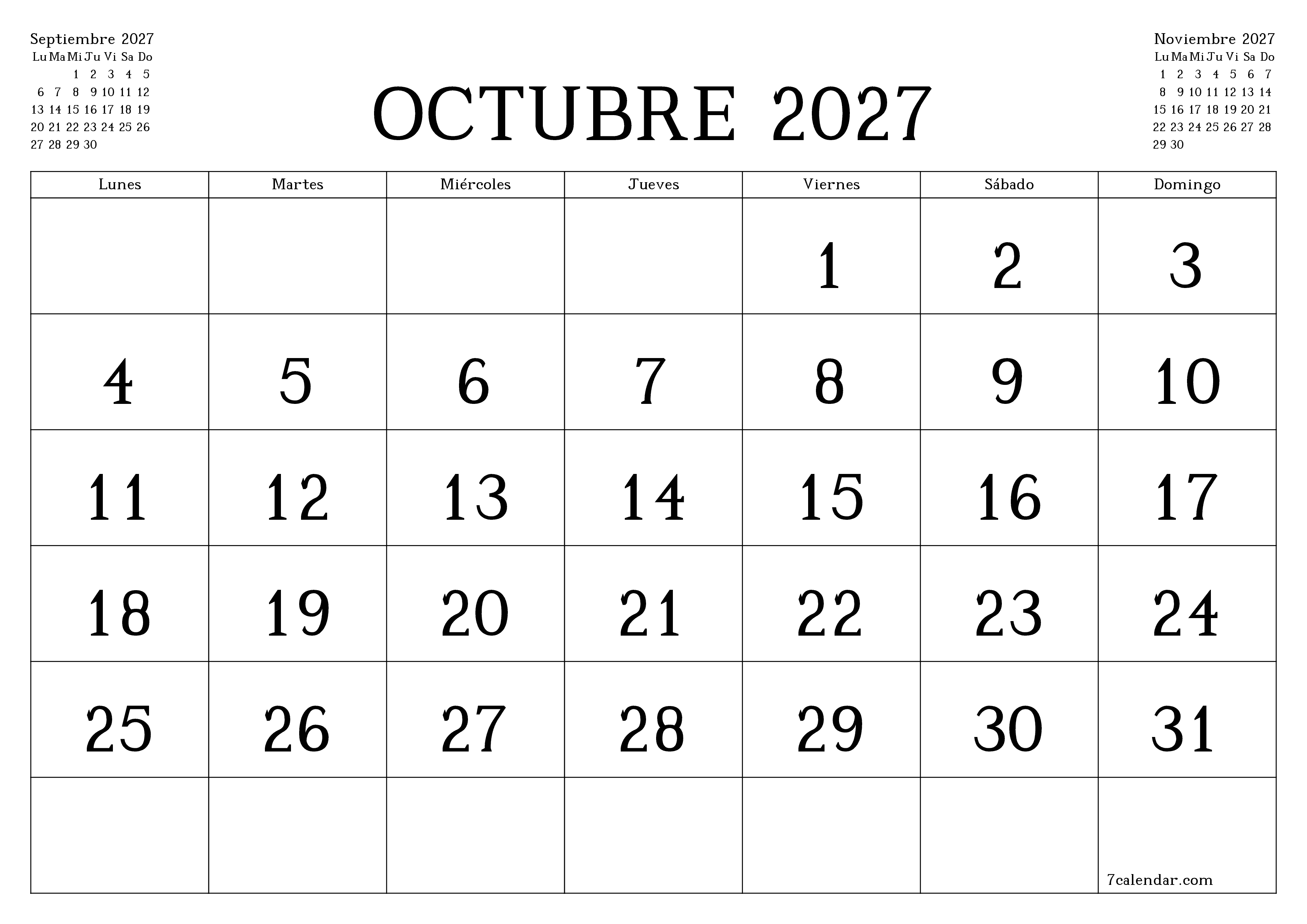 Planificador mensual vacío para el mes Octubre 2027 con notas, guardar e imprimir en PDF PNG Spanish