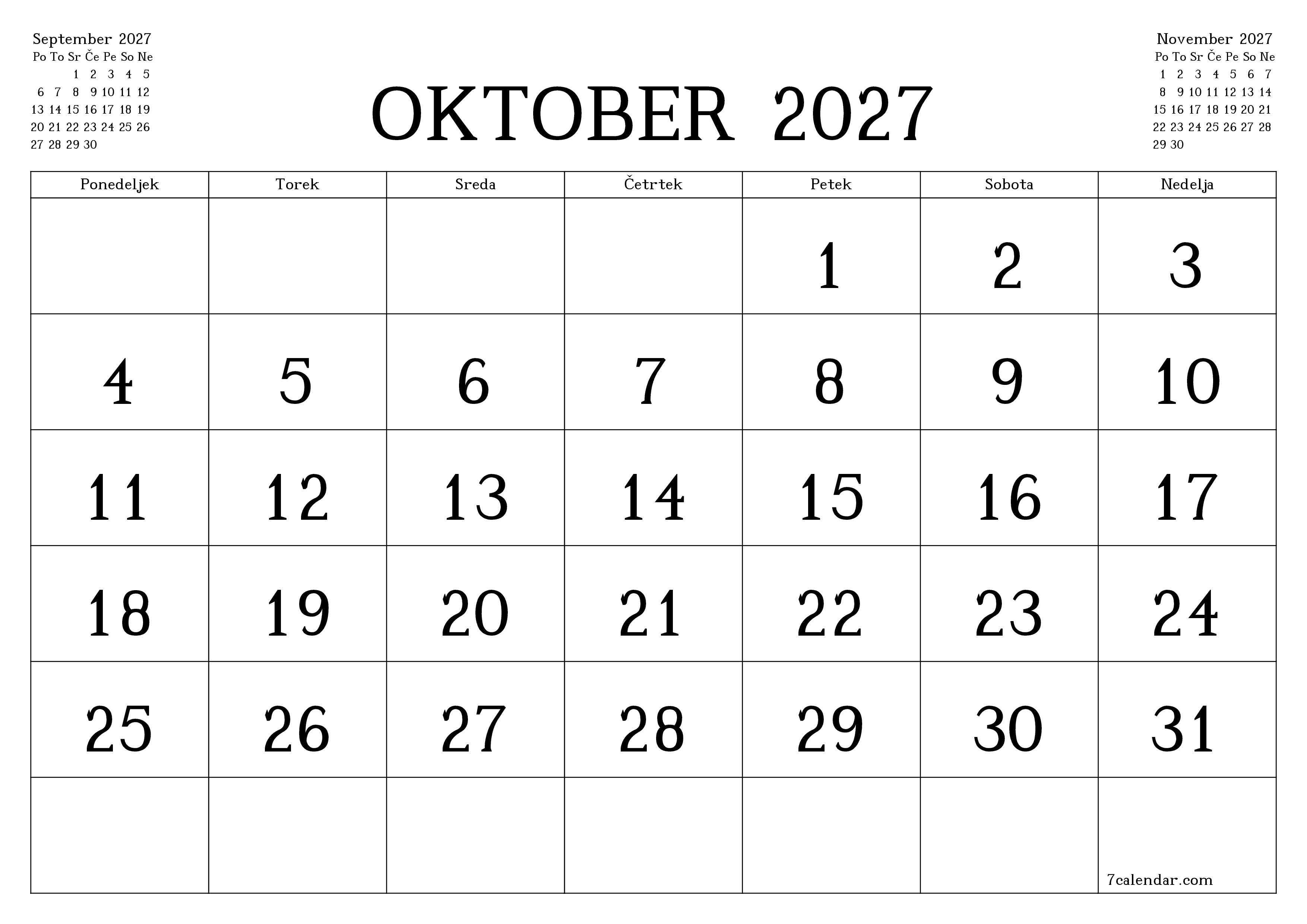 Prazen mesečni načrtovalec koledarja za mesec Oktober 2027 z opombami, natisnjenimi v PDF PNG Slovenian