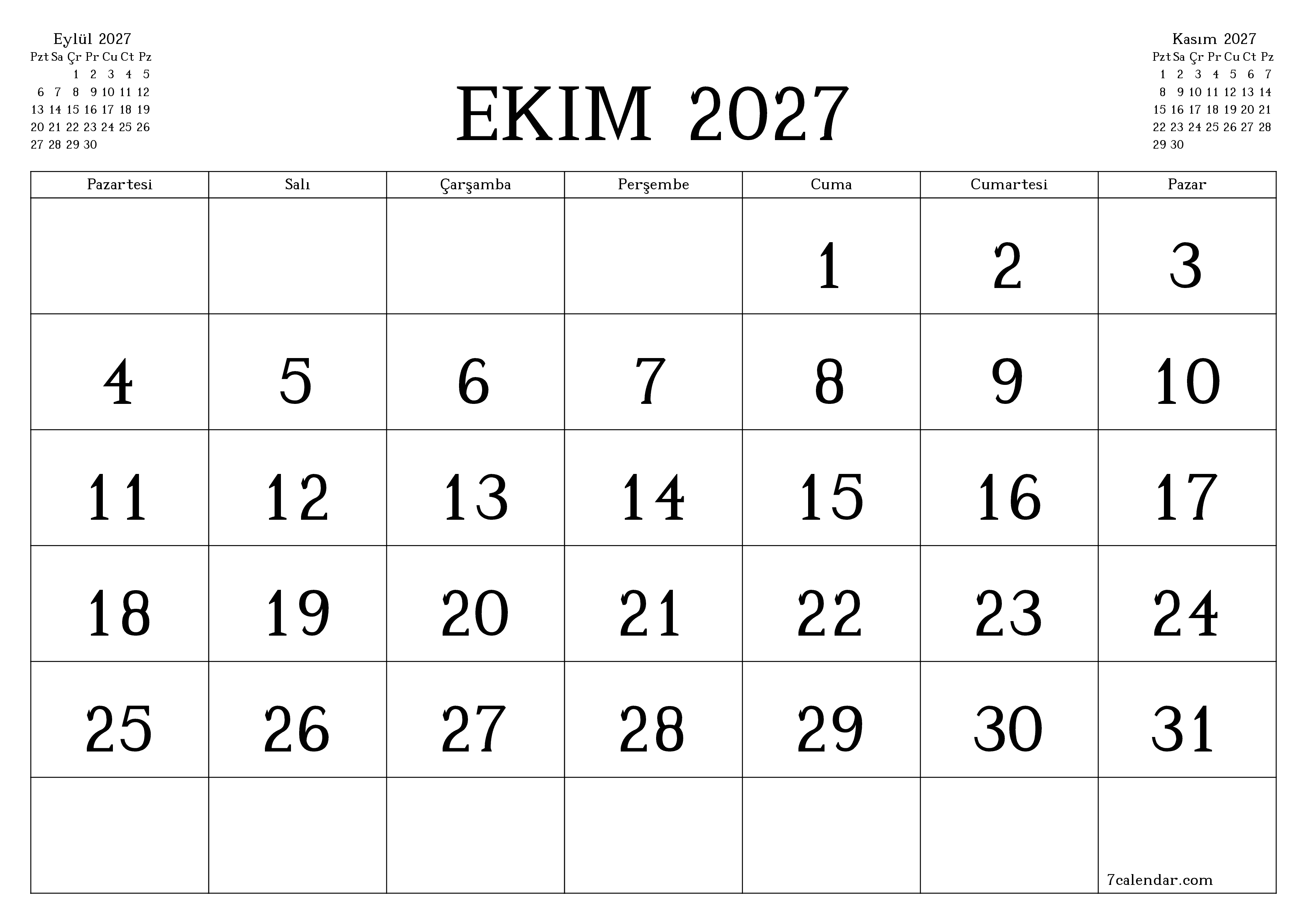 Ekim 2027 ayı için notlarla birlikte boş aylık planlayıcı, kaydedin ve PDF'ye yazdırın PNG Turkish