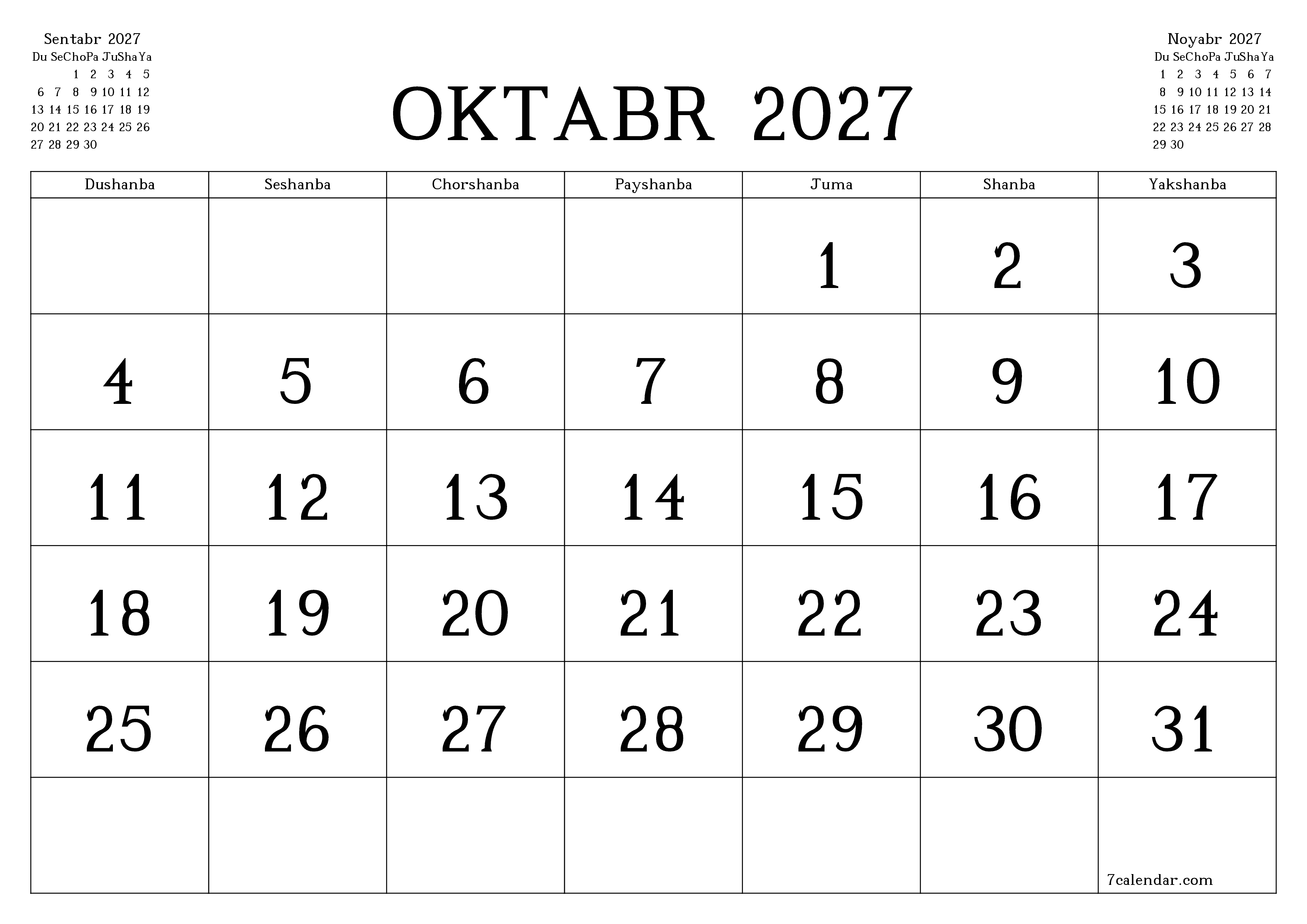 Oktabr 2027 oylik oylik rejalashtiruvchini yozuvlar bilan bo'shatish, saqlash va PDF-ga chop etish PNG Uzbek