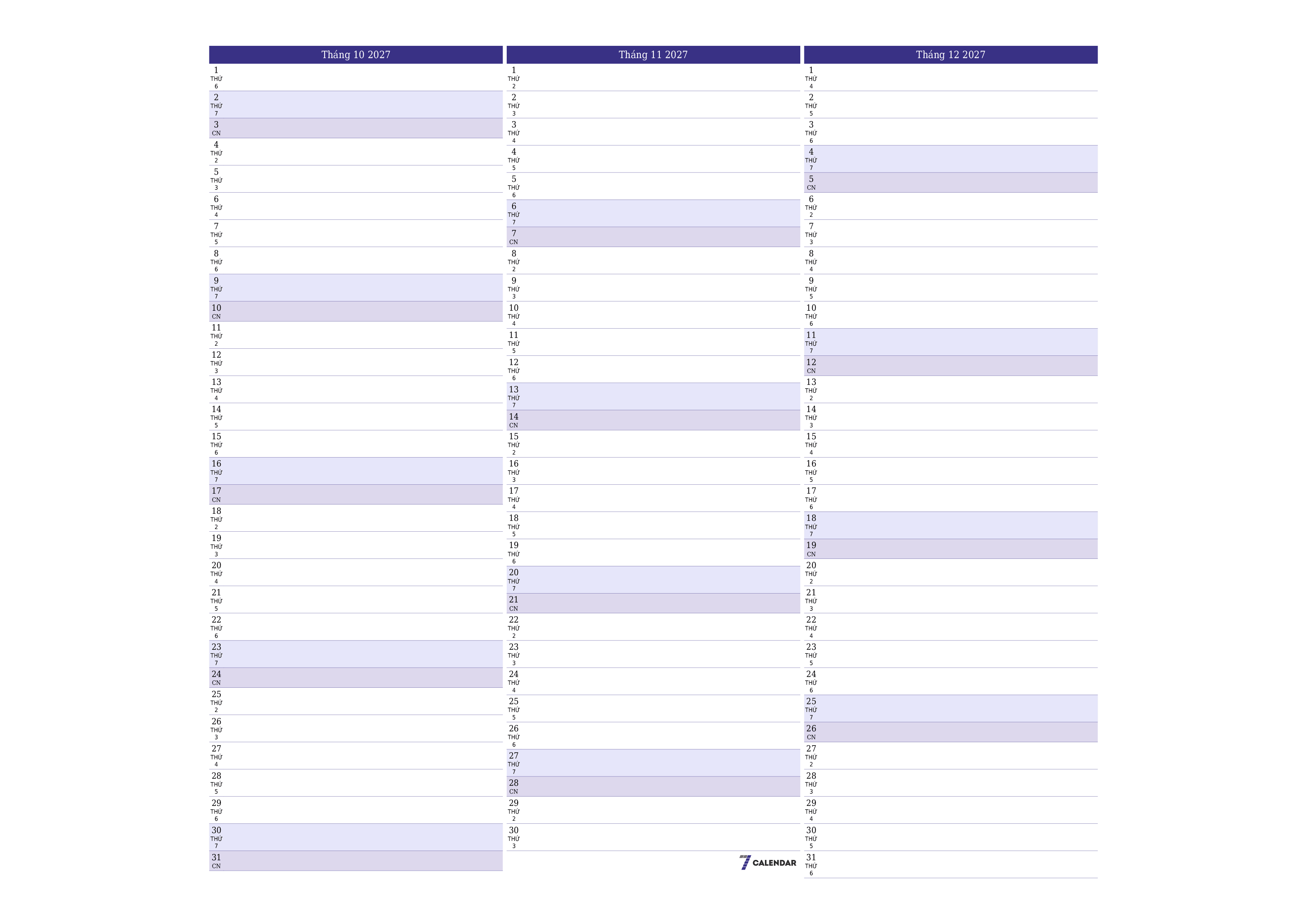 Công cụ lập kế hoạch hàng tháng trống cho tháng Tháng 10 2027 có ghi chú, lưu và in sang PDF PNG Vietnamese
