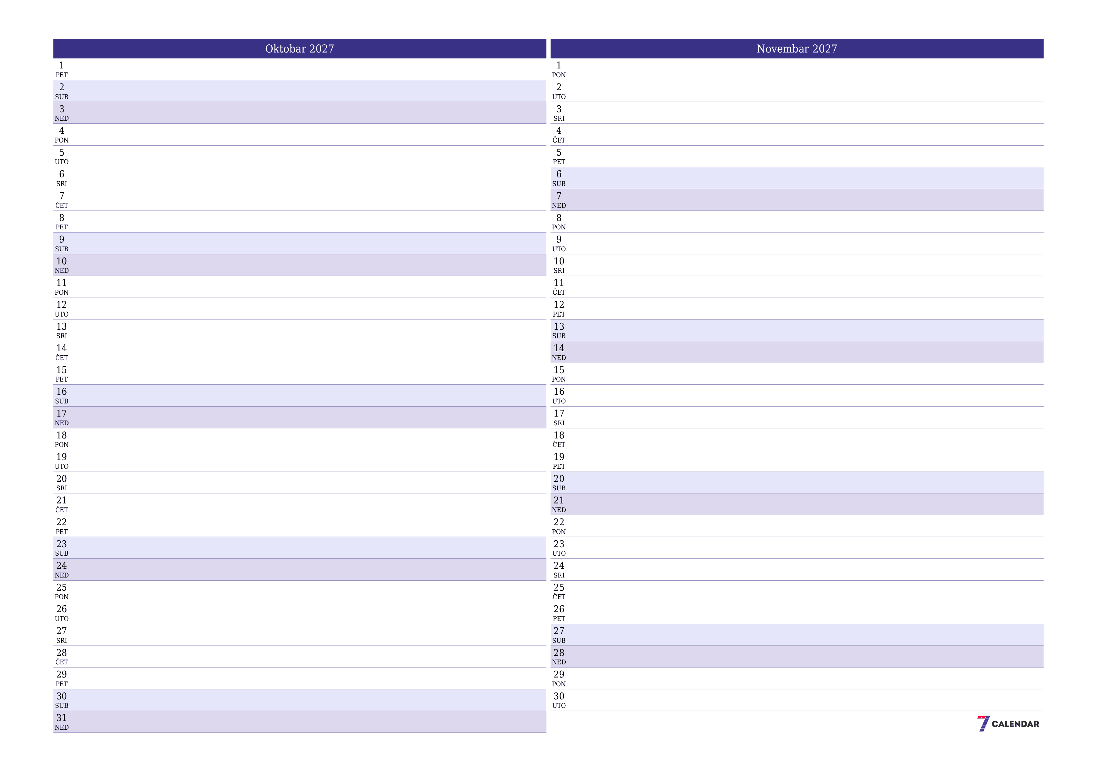 Ispraznite mjesečni planer za mjesec Oktobar 2027 s bilješkama, spremite i ispišite u PDF PNG Bosnian