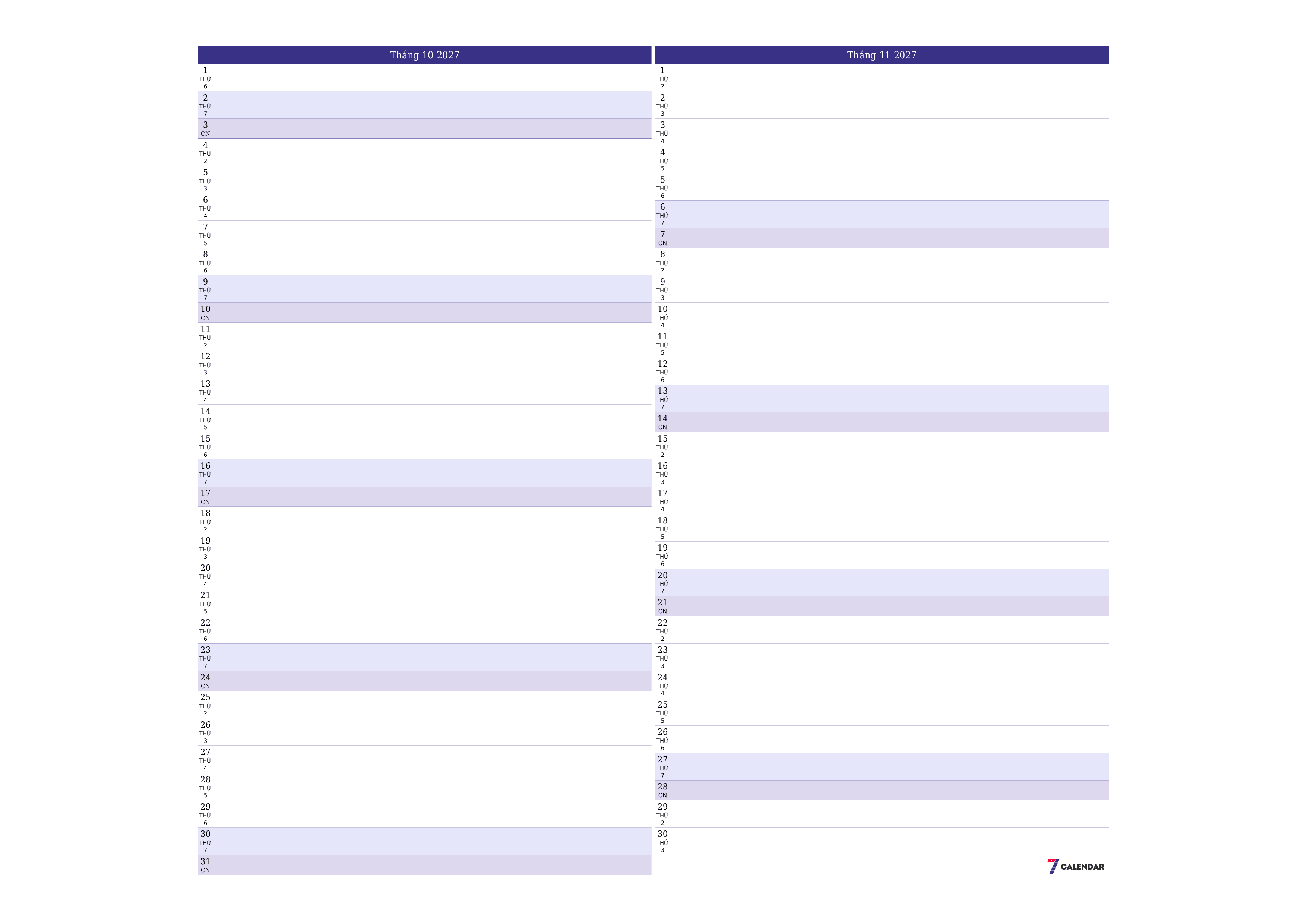Công cụ lập kế hoạch hàng tháng trống cho tháng Tháng 10 2027 có ghi chú, lưu và in sang PDF PNG Vietnamese