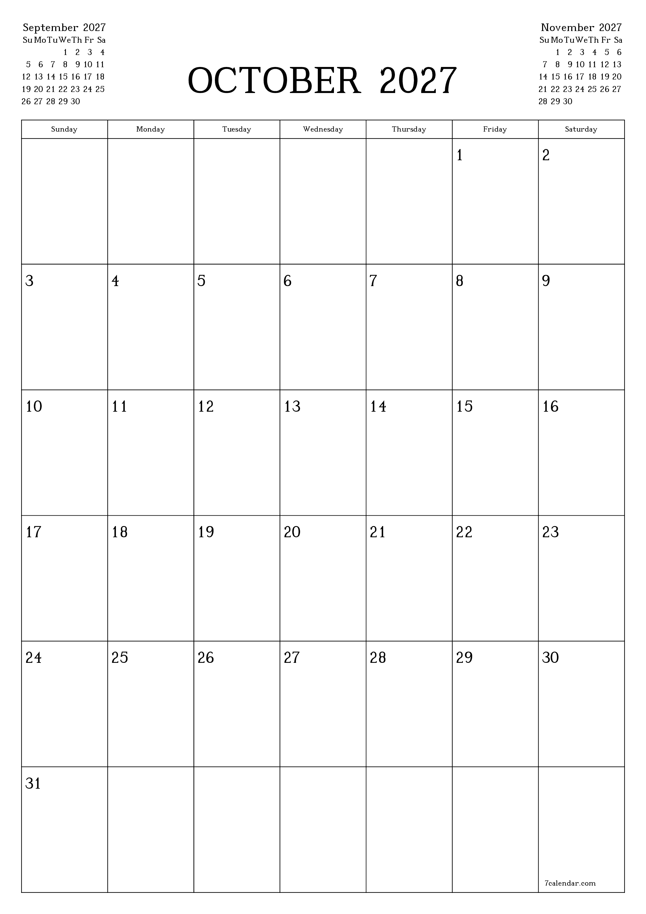 Blank calendar October 2027