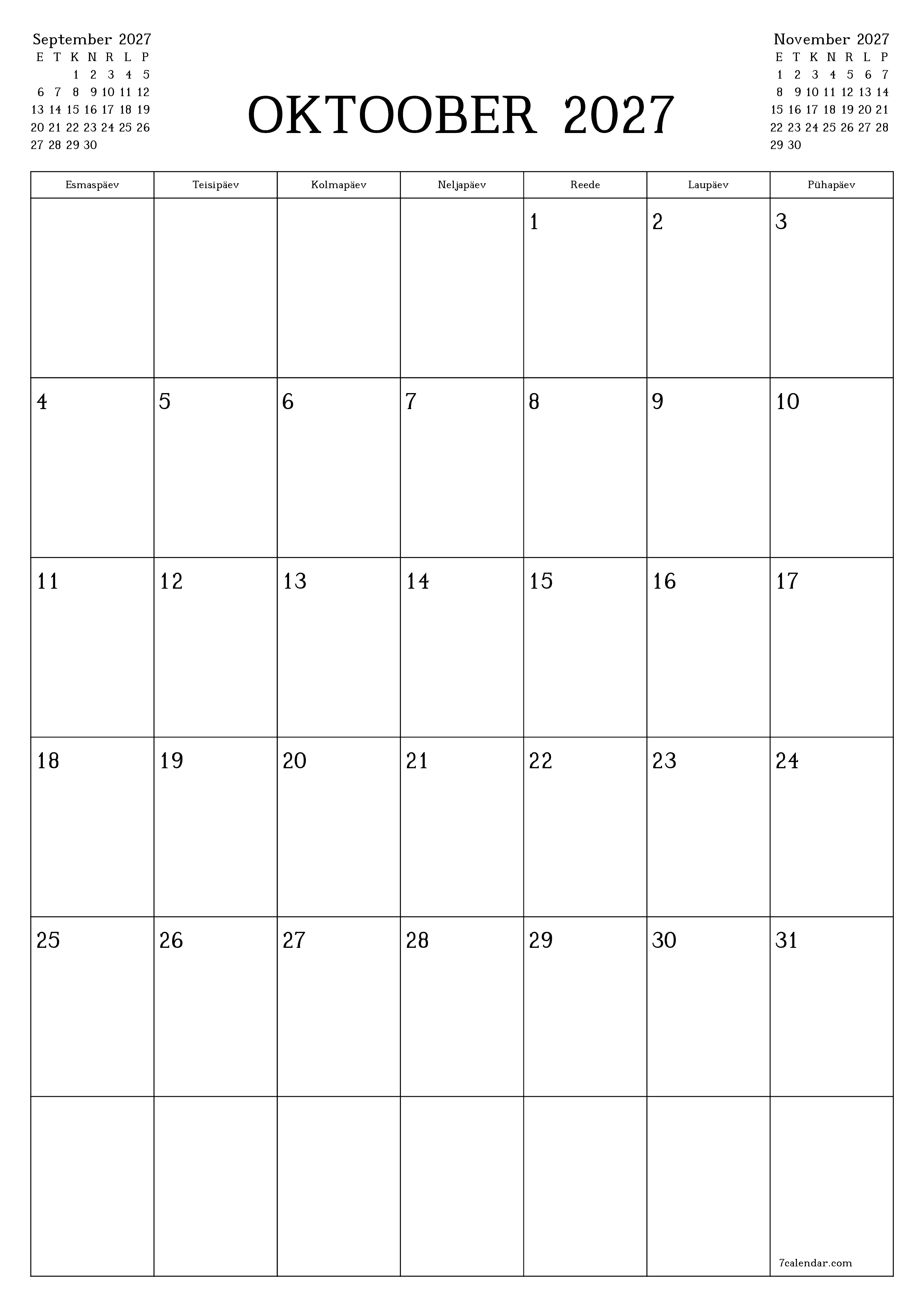 Tühjendage kuu Oktoober 2027 kuuplaneerija märkmetega, salvestage ja printige PDF-i PNG Estonian