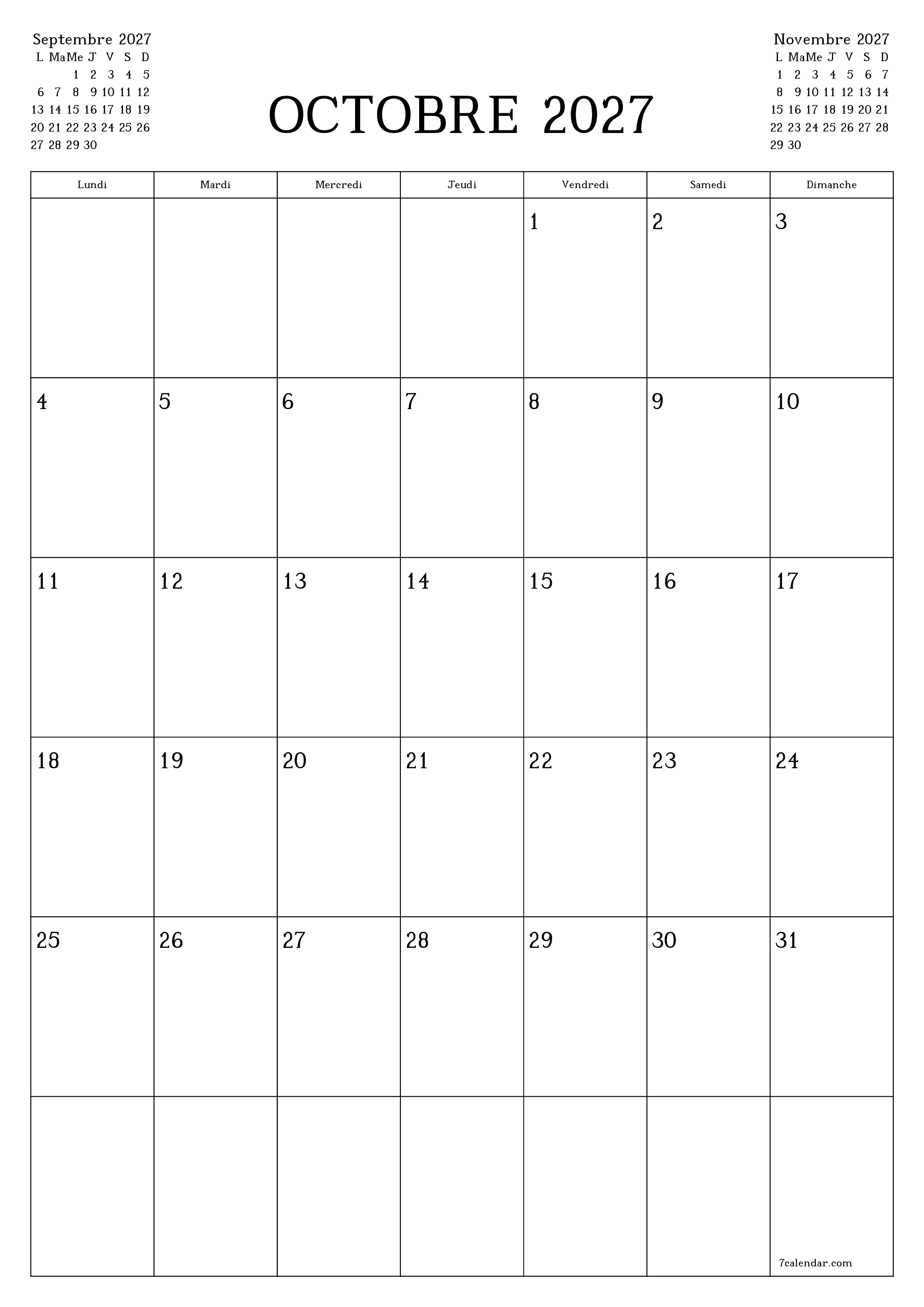 Agenda mensuel vide pour le mois Octobre 2027 avec notes, enregistrez et imprimez au format PDF PNG French