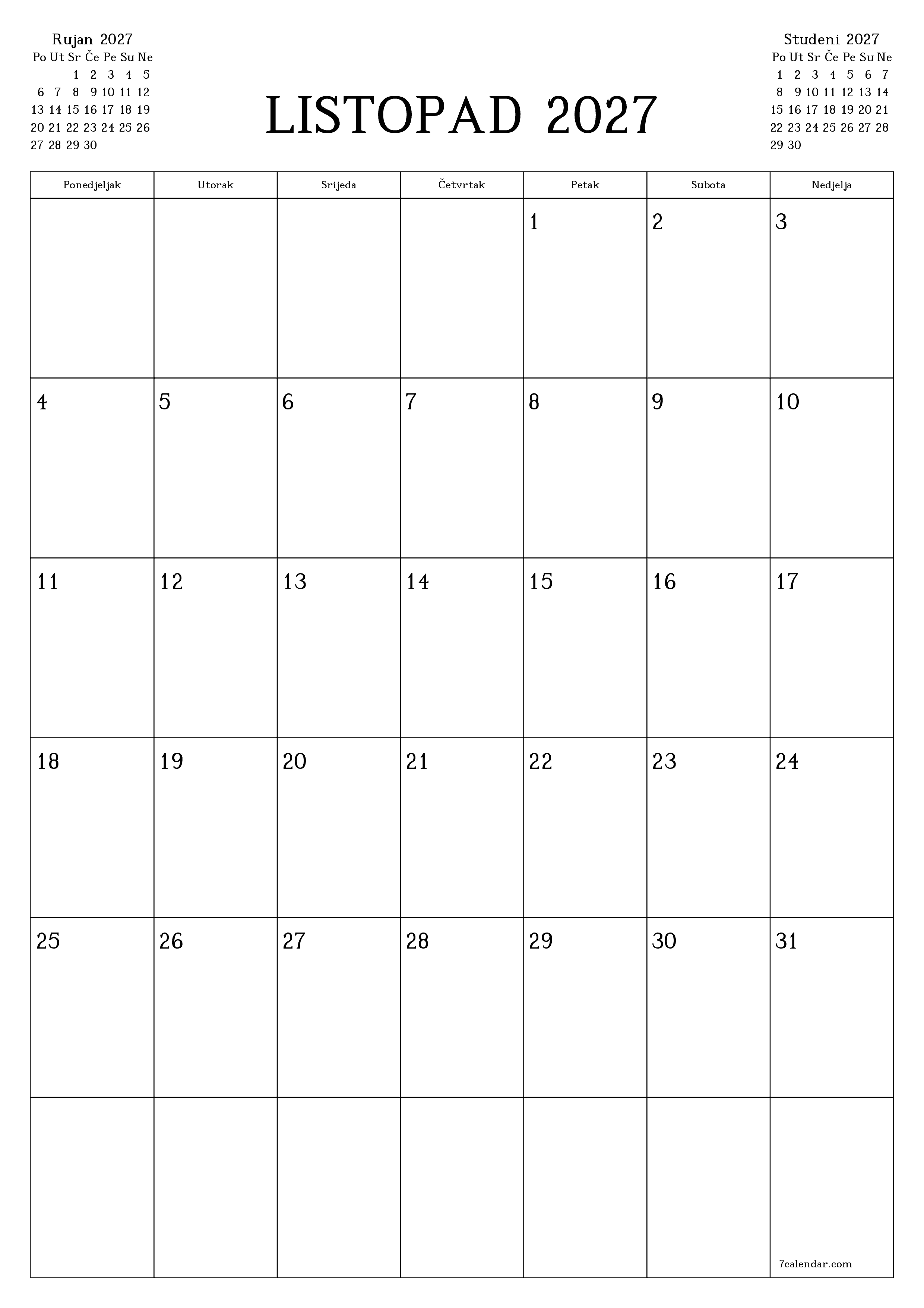  za ispis zidni predložak a besplatni okomito Mjesečni planer kalendar Listopad (Lis) 2027