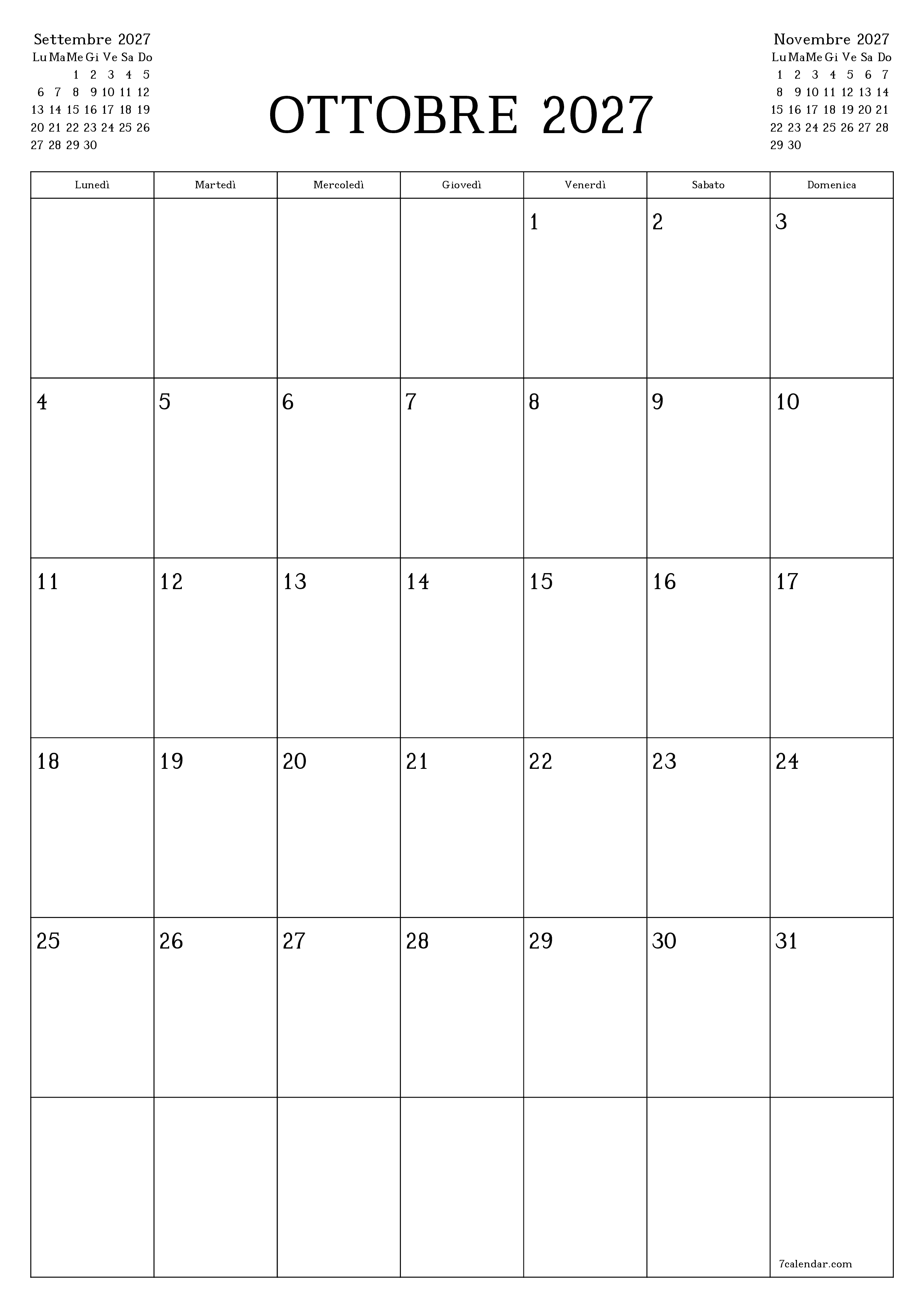 Pianificatore mensile vuoto per il mese Ottobre 2027 con note, salva e stampa in PDF PNG Italian