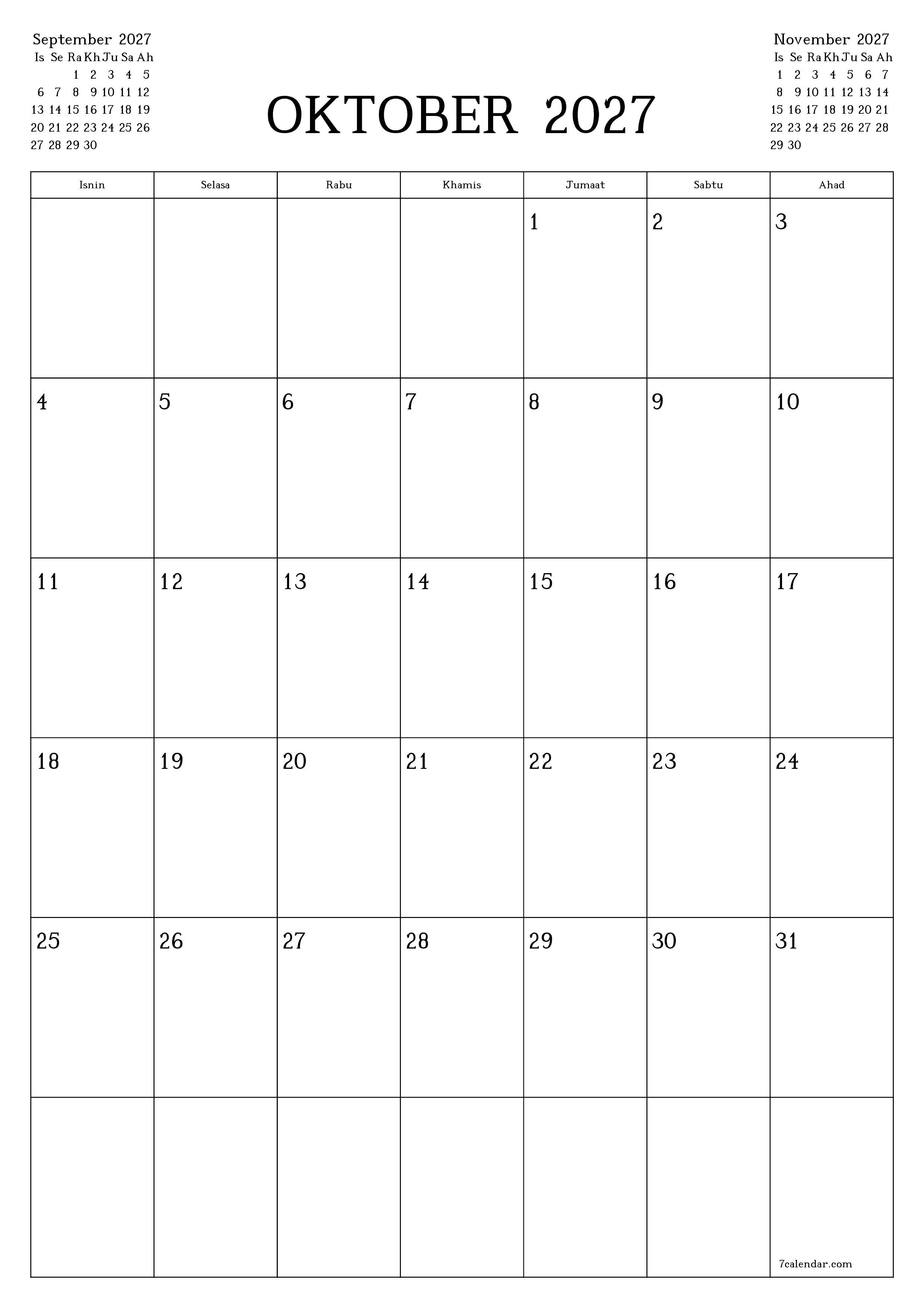 Perancang bulanan kosong untuk bulan Oktober 2027 dengan nota, simpan dan cetak ke PDF PNG Malay