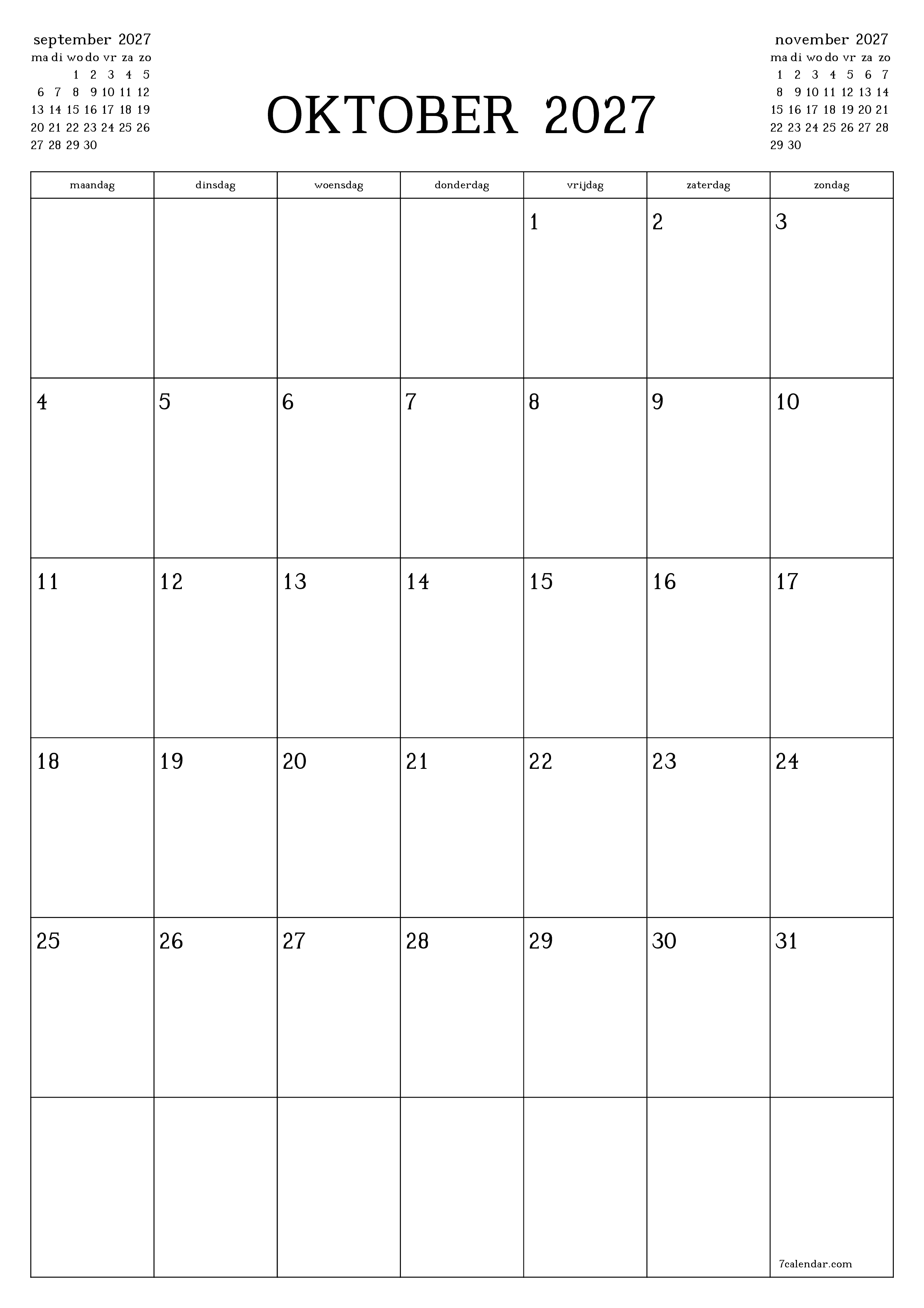 Lege maandplanner voor maand oktober 2027 met notities, opslaan en afdrukken naar pdf PNG Dutch