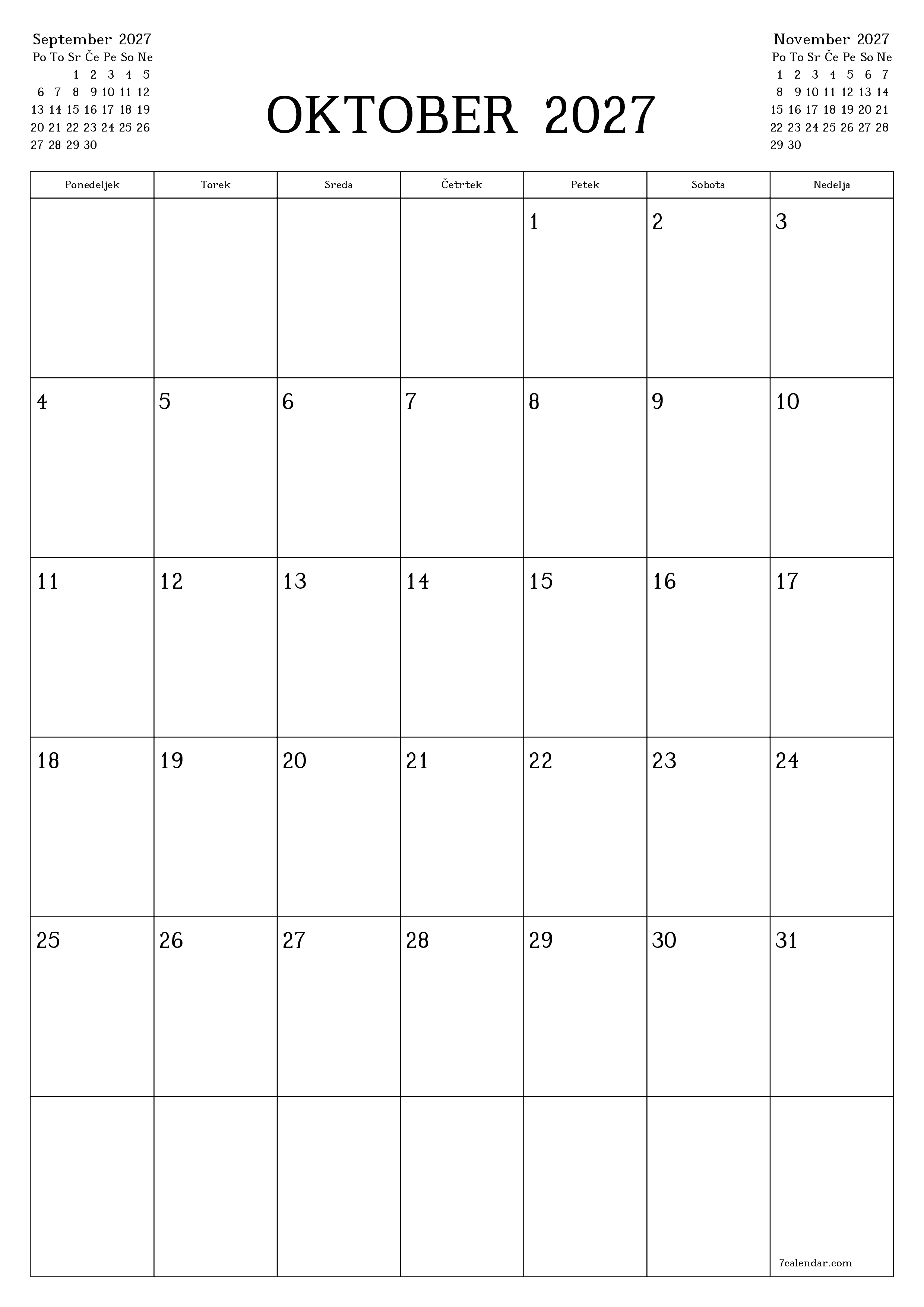 Prazen mesečni načrtovalec koledarja za mesec Oktober 2027 z opombami, natisnjenimi v PDF PNG Slovenian