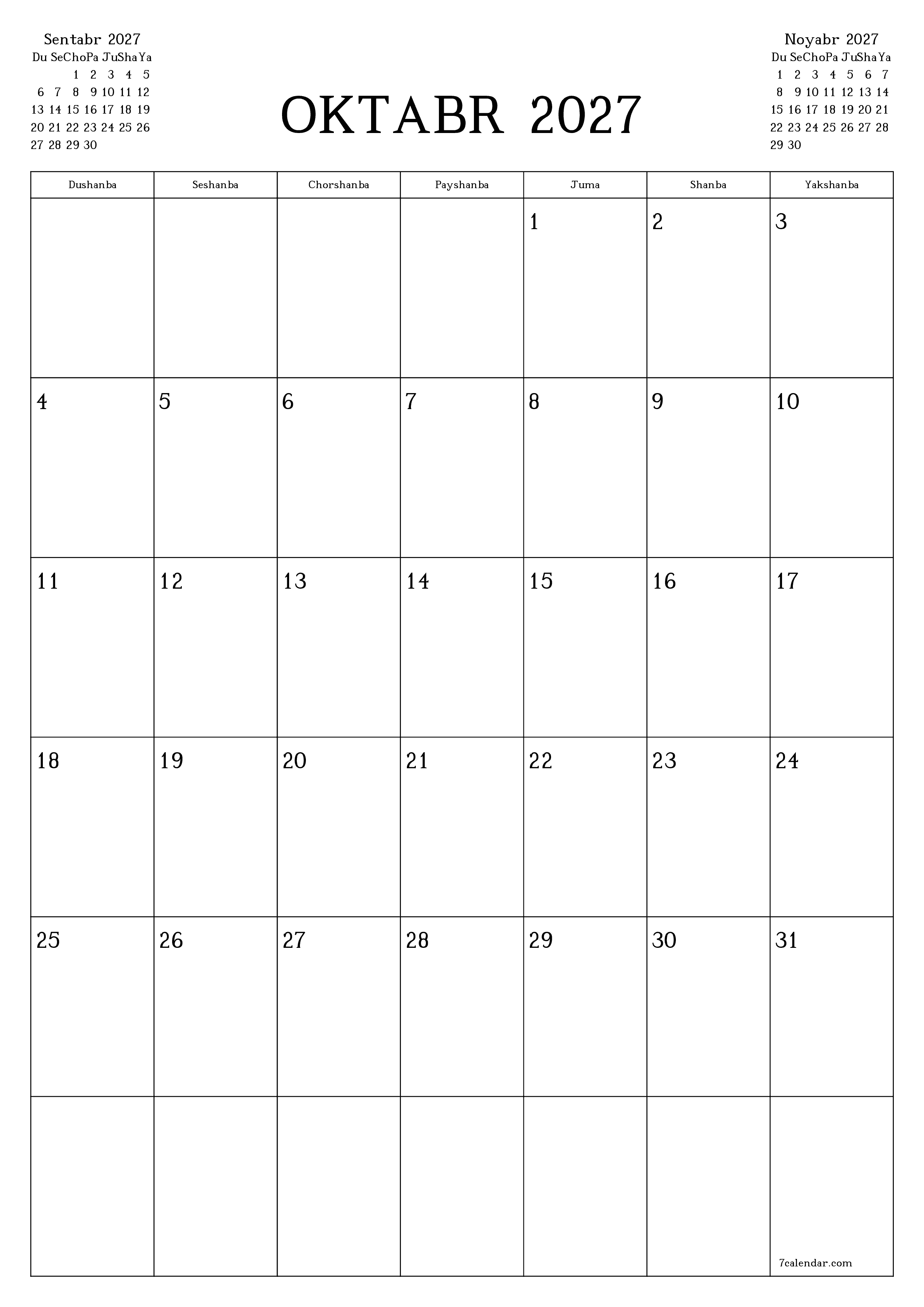 Oktabr 2027 oylik oylik rejalashtiruvchini yozuvlar bilan bo'shatish, saqlash va PDF-ga chop etish PNG Uzbek