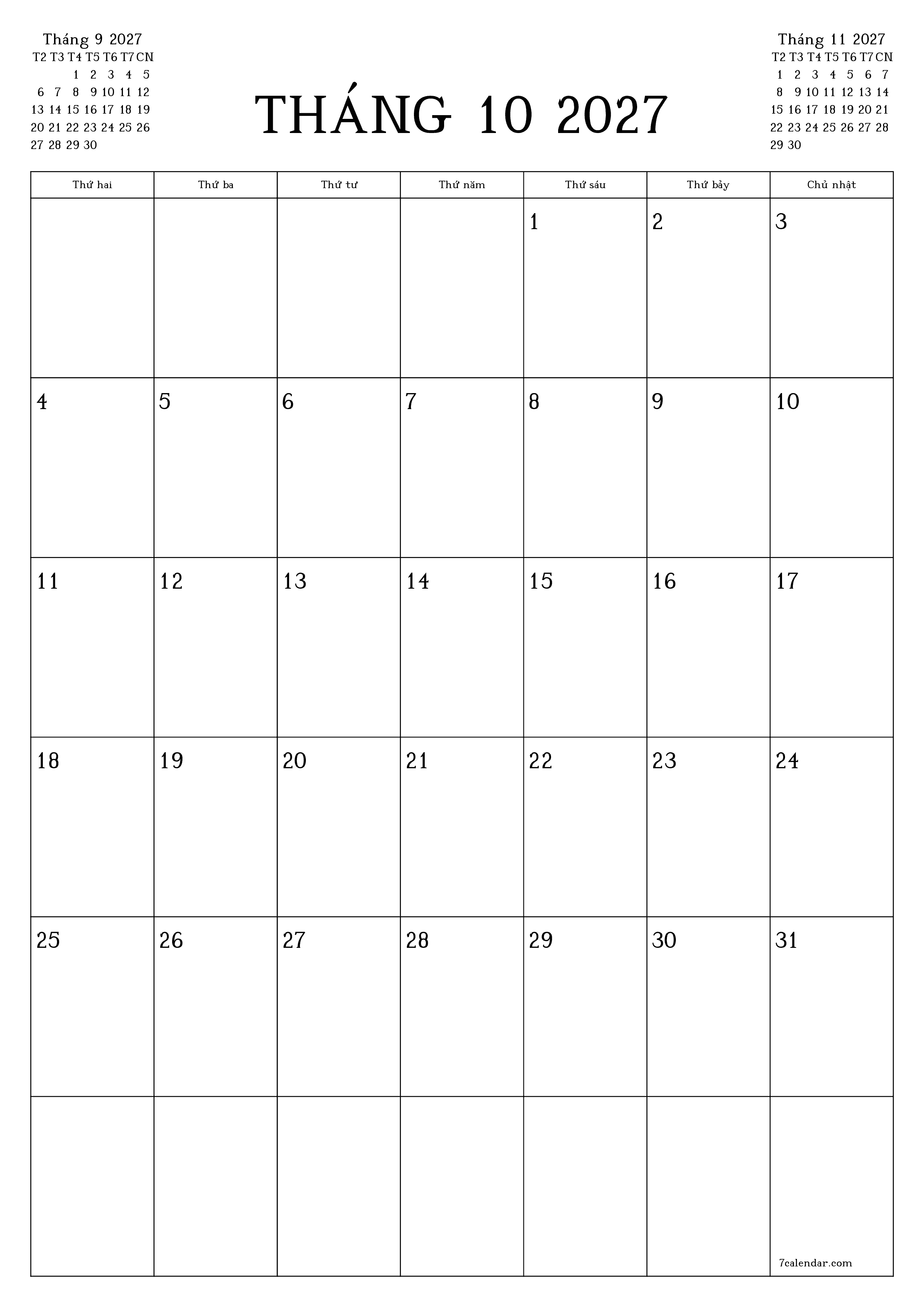 Công cụ lập kế hoạch hàng tháng trống cho tháng Tháng 10 2027 có ghi chú, lưu và in sang PDF PNG Vietnamese