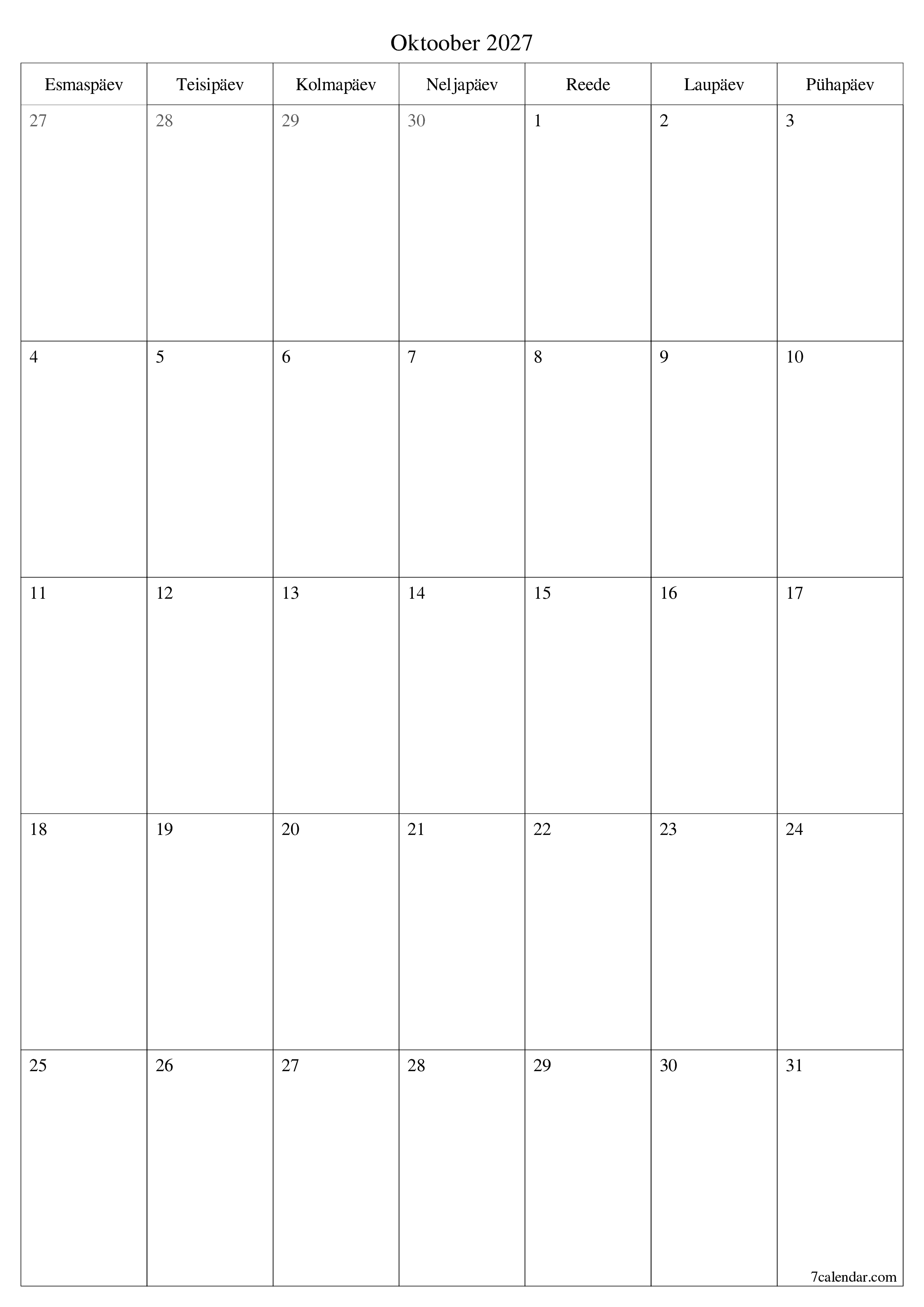Tühjendage kuu Oktoober 2027 kuuplaneerija märkmetega, salvestage ja printige PDF-i PNG Estonian