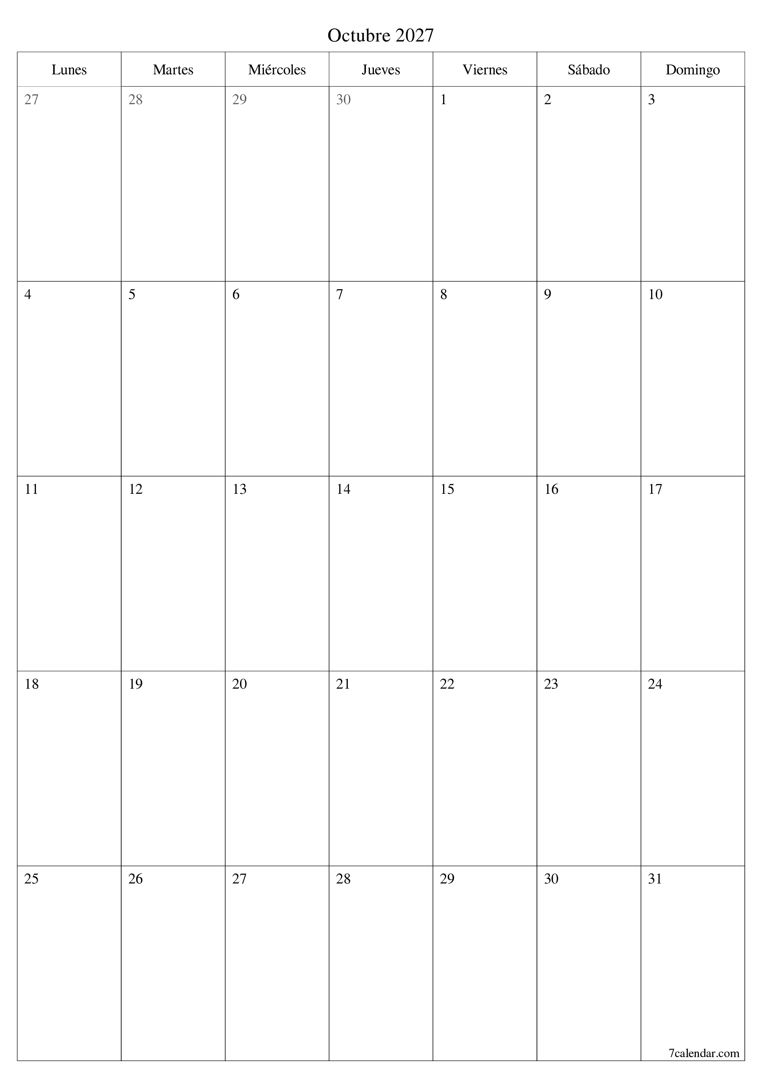 Planificador mensual vacío para el mes Octubre 2027 con notas, guardar e imprimir en PDF PNG Spanish