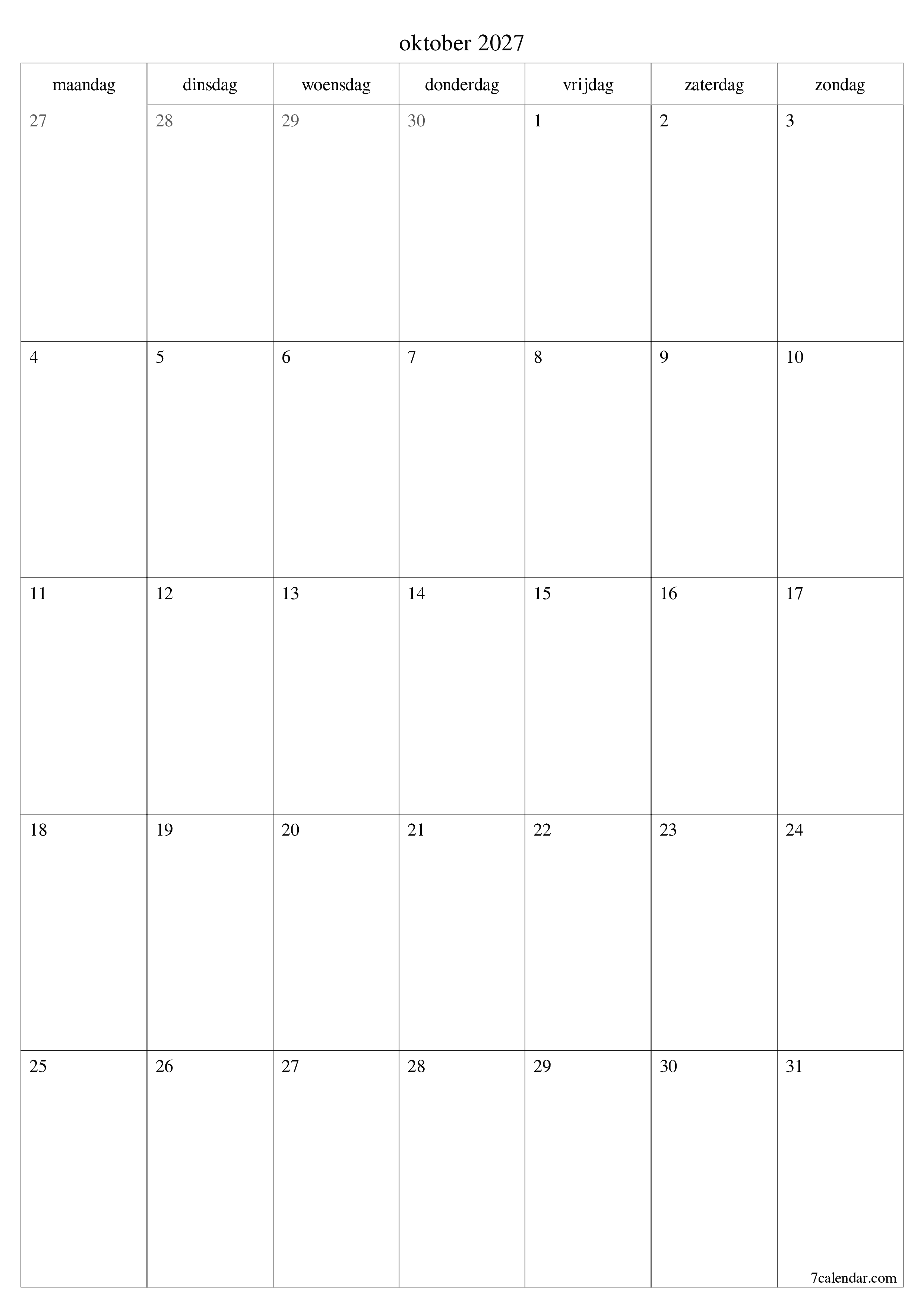 Lege maandplanner voor maand oktober 2027 met notities, opslaan en afdrukken naar pdf PNG Dutch