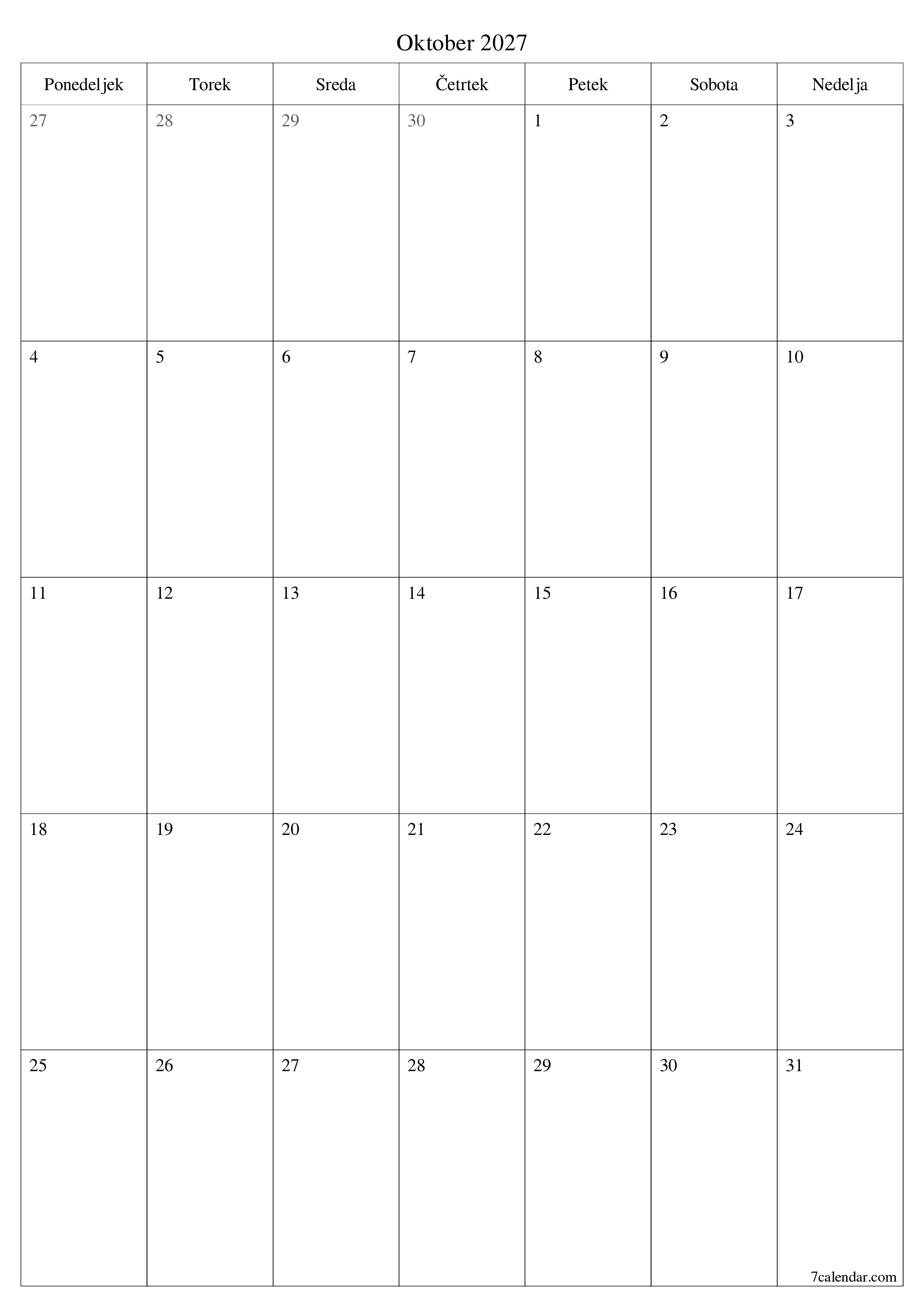 Prazen mesečni načrtovalec koledarja za mesec Oktober 2027 z opombami, natisnjenimi v PDF PNG Slovenian