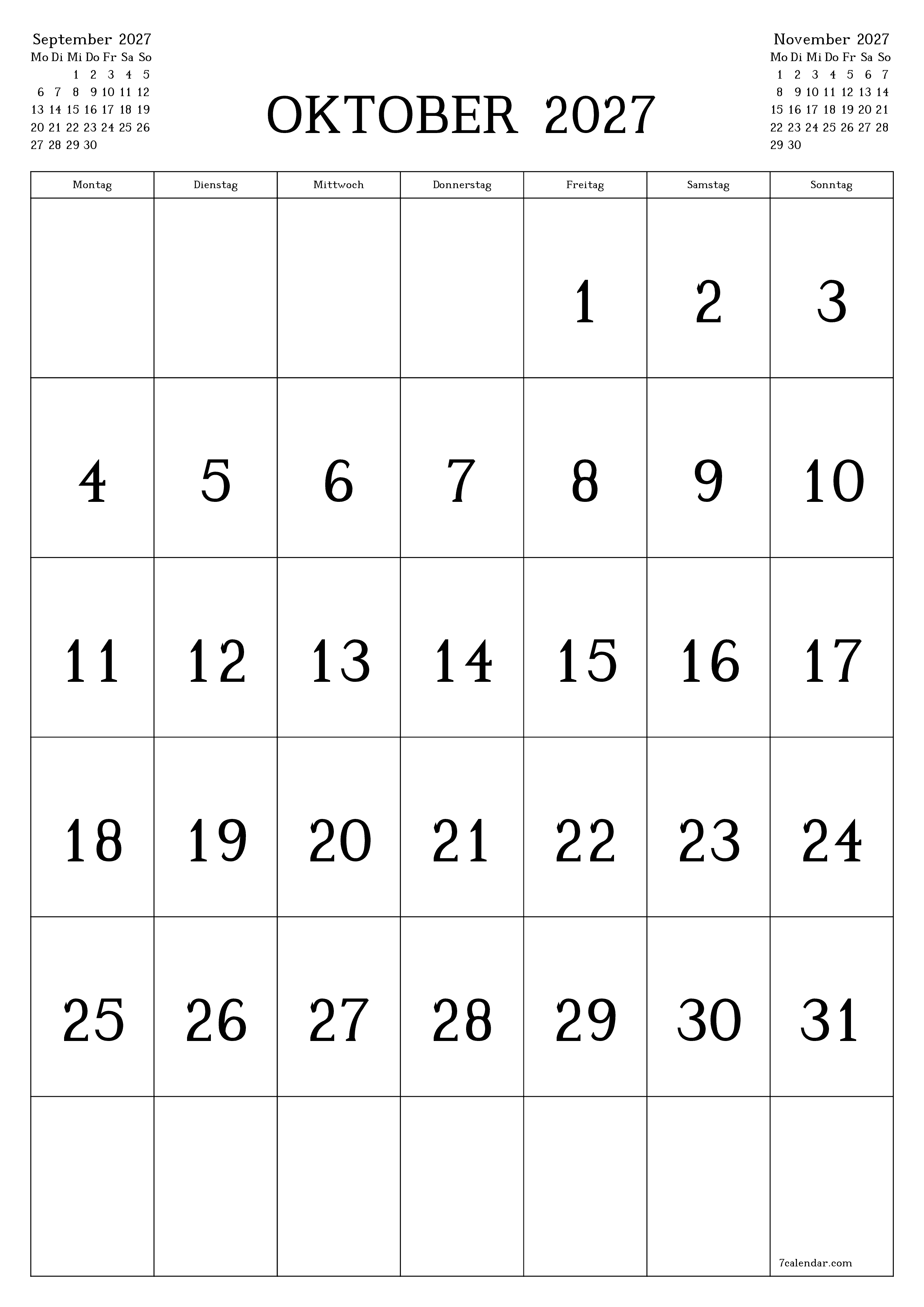 Monatsplaner für Monat Oktober 2027 mit Notizen leeren, speichern und als PDF PNG German - 7calendar.com drucken