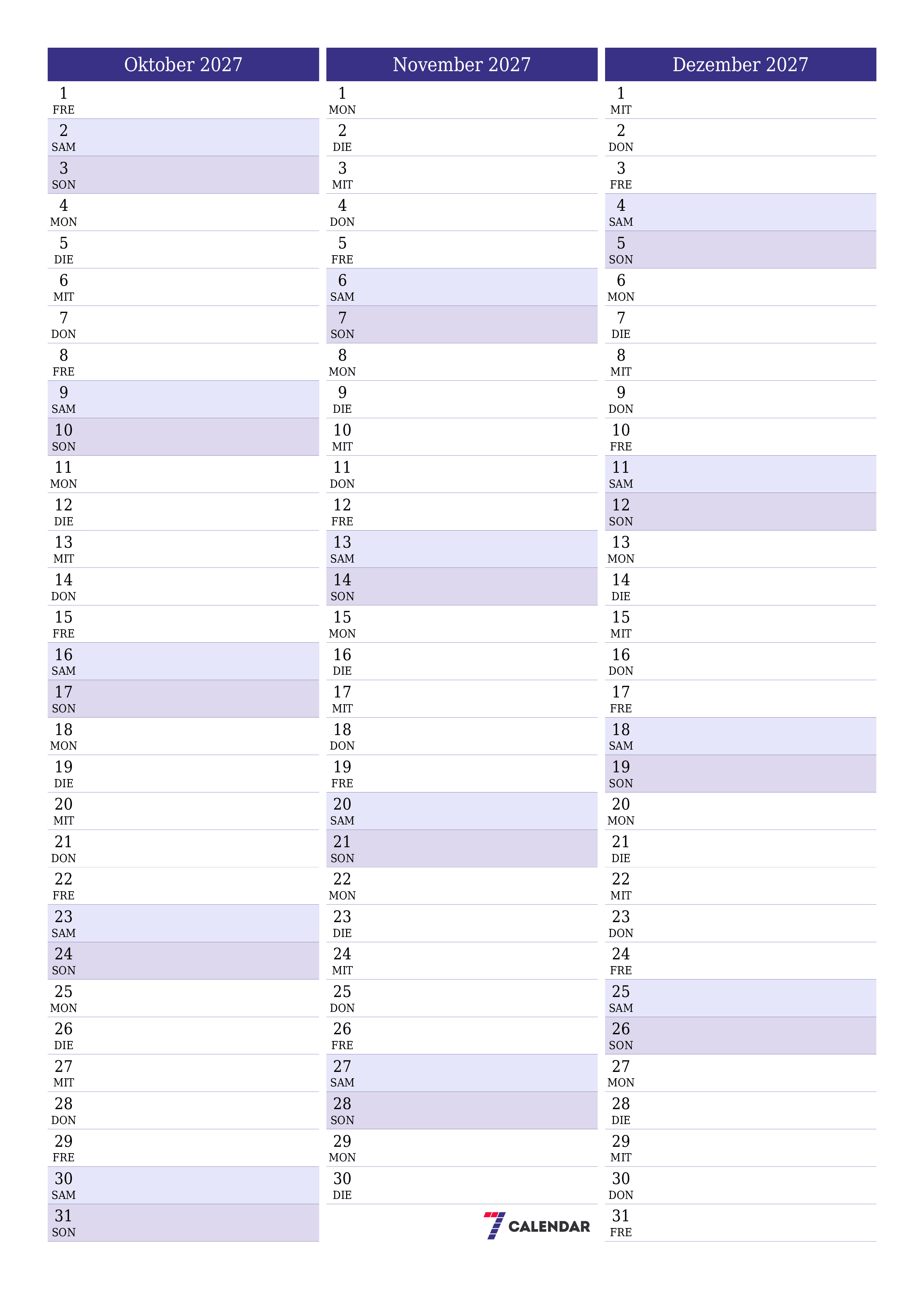 Monatsplaner für Monat Oktober 2027 mit Notizen leeren, speichern und als PDF PNG German - 7calendar.com drucken